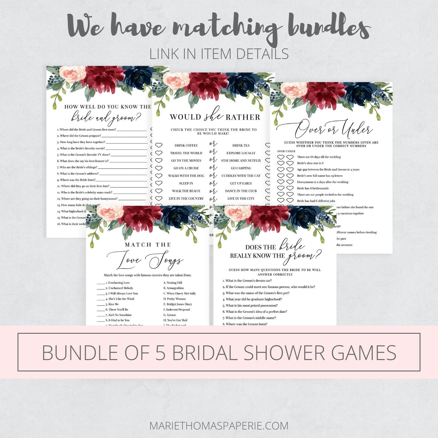 Editable Match the Love Songs Bridal Shower Games Burgundy Floral Template