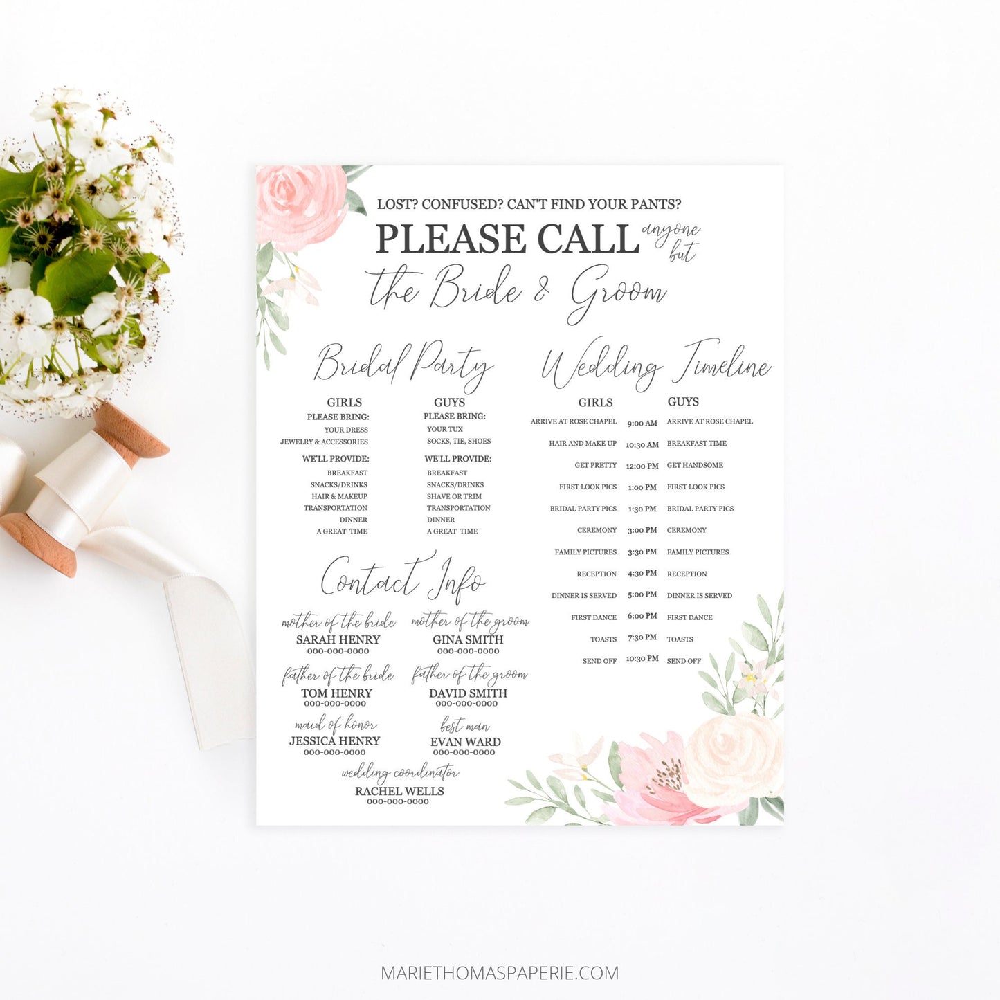 Editable Wedding Timeline Wedding Itinerary Wedding Day Timeline Blush Pink Floral Template