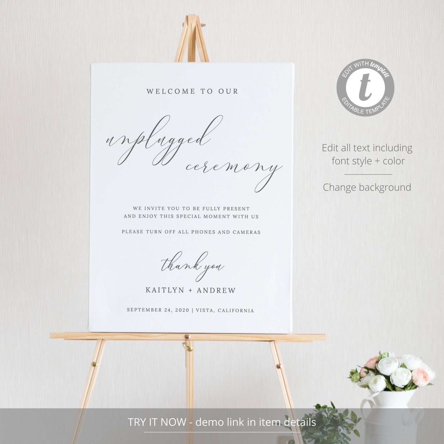 Editable Unplugged Wedding Sign Wedding Welcome Sign Modern Gray & White Template