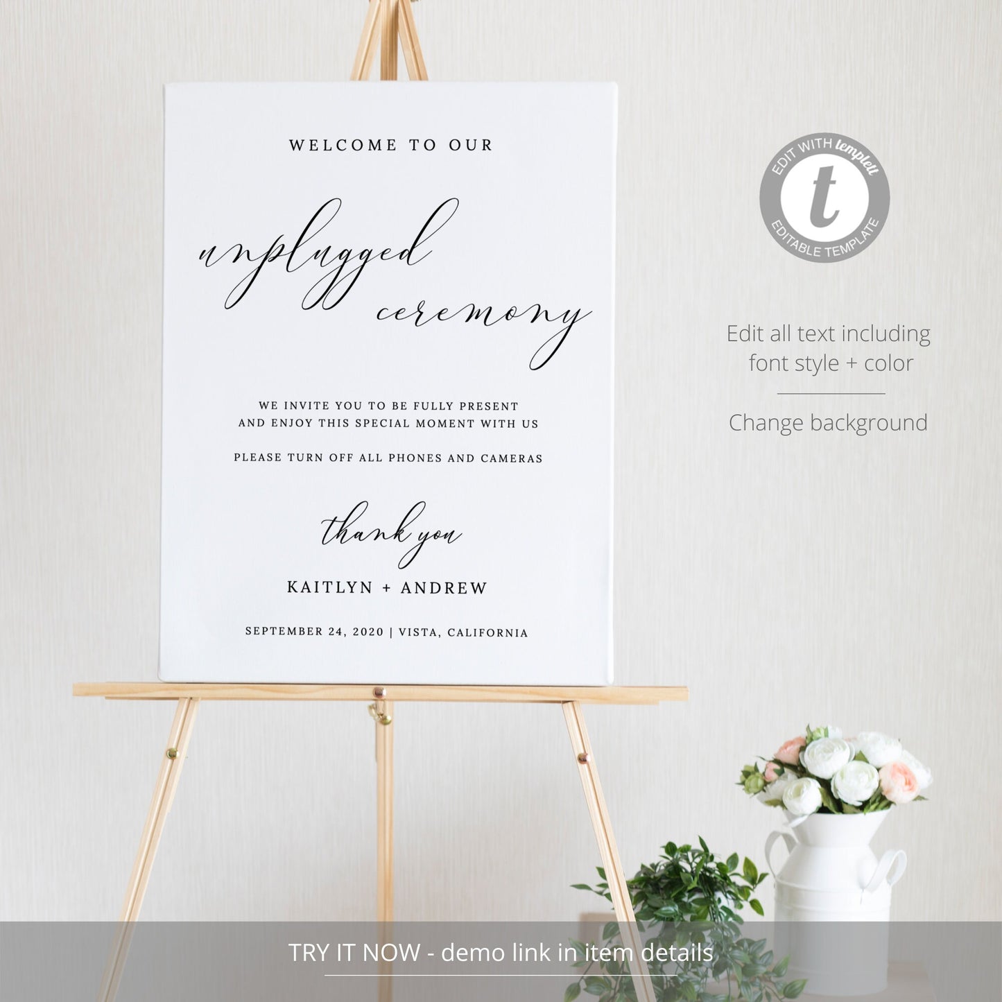 Editable Unplugged Wedding Sign Wedding Welcome Sign Modern Black & White Template