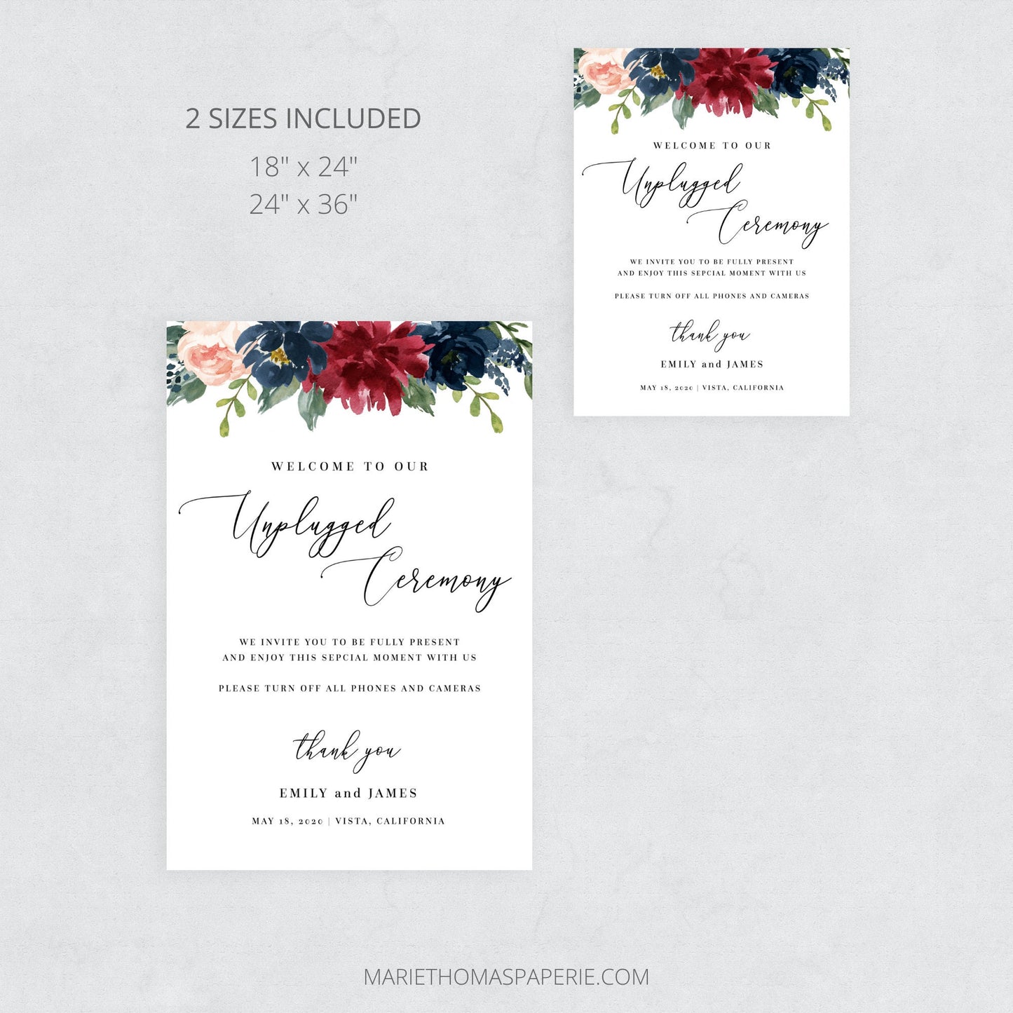 Editable Unplugged Wedding Welcome Sign Welcome to our Wedding Sign Burgundy & Navy Floral Template