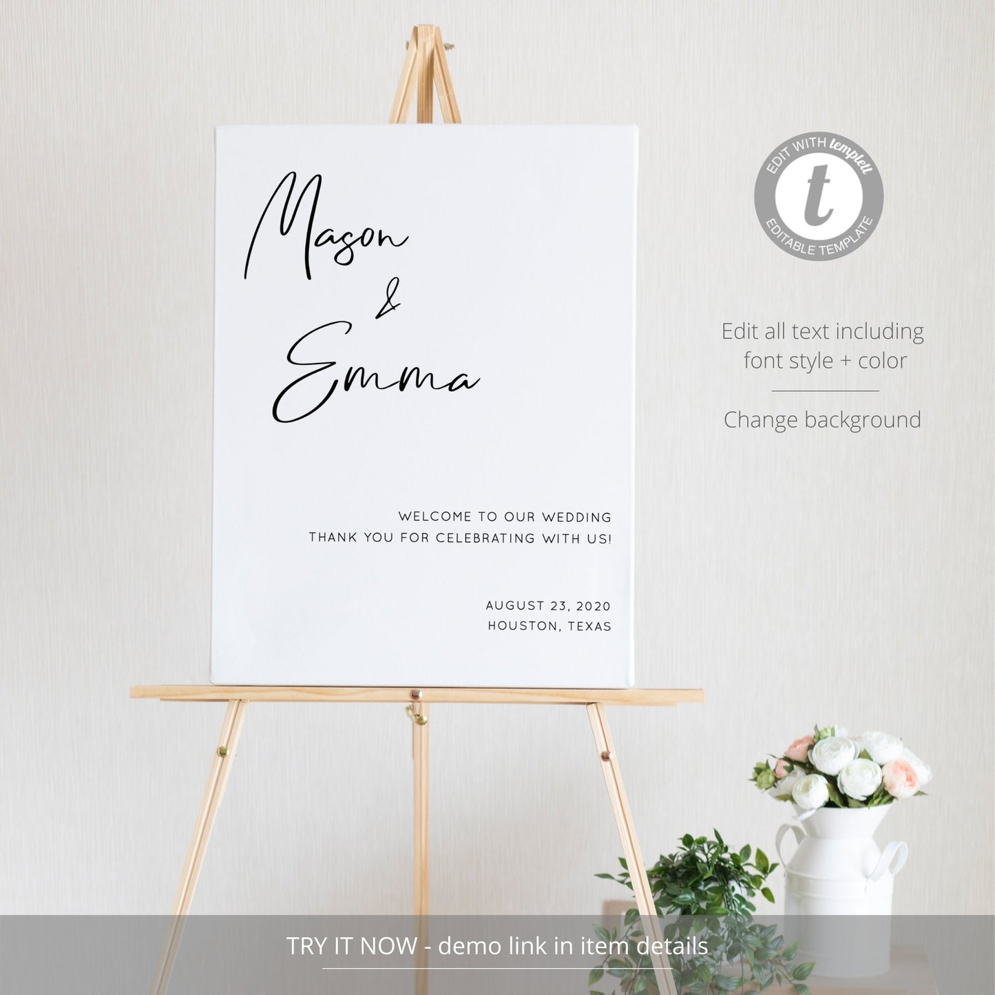 Editable Modern Wedding Welcome Sign Welcome to our Wedding Sign Minimalist Black & White Template