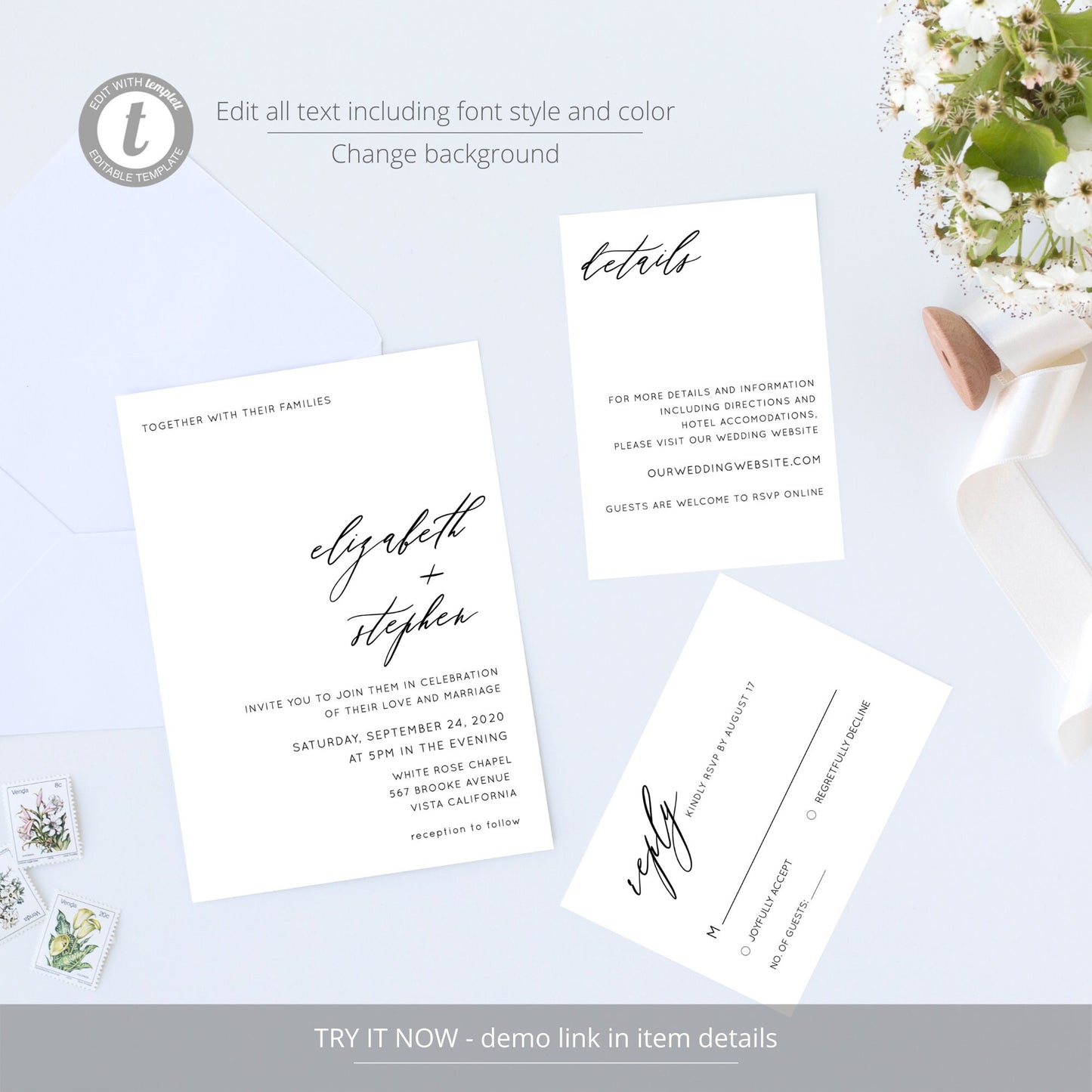 Editable Wedding Invitation Minimalist Modern Wedding Invitation Set Wedding Suite Digital Template