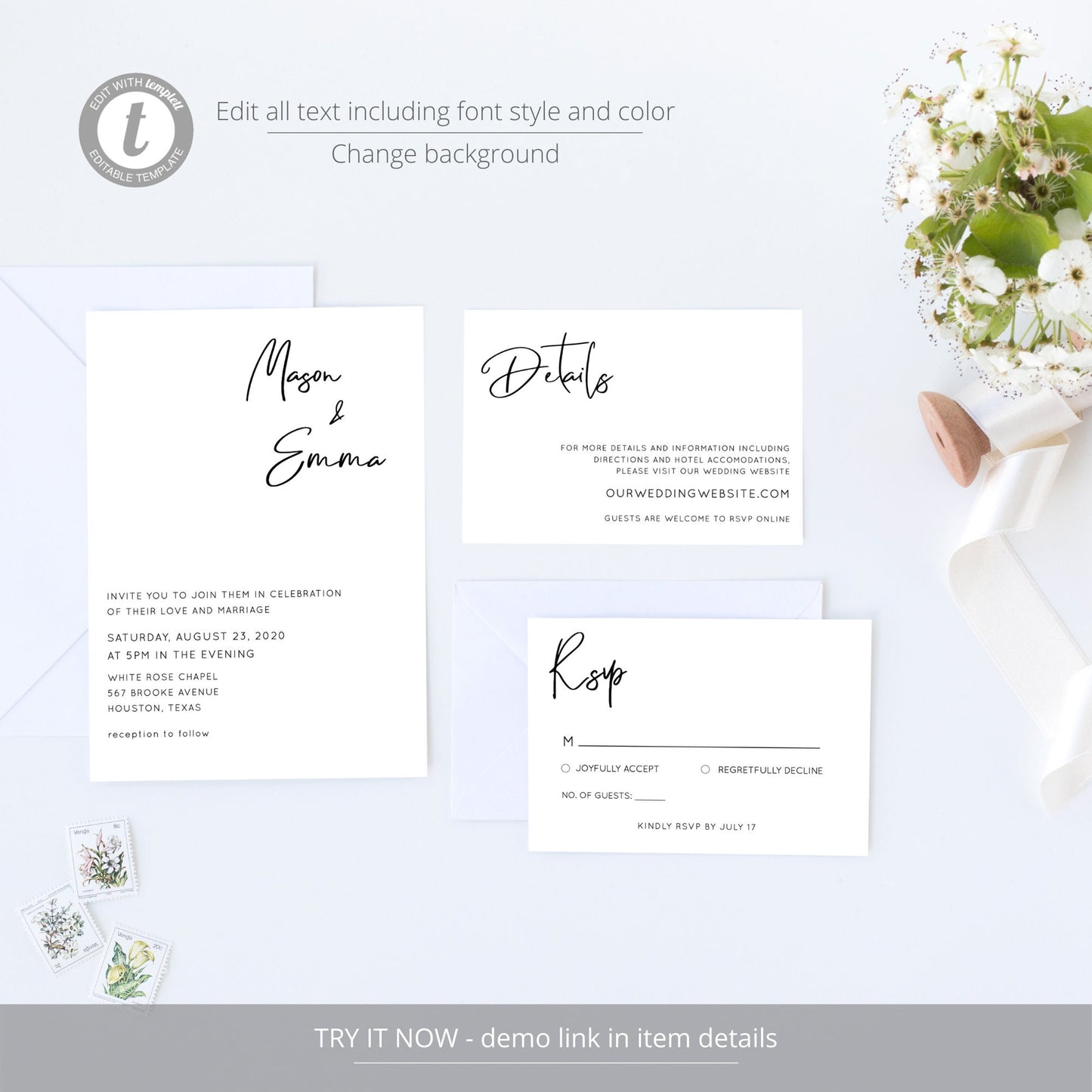 Editable Modern Wedding Invitation Minimalist Wedding Invitation Set Wedding Suite Digital Template