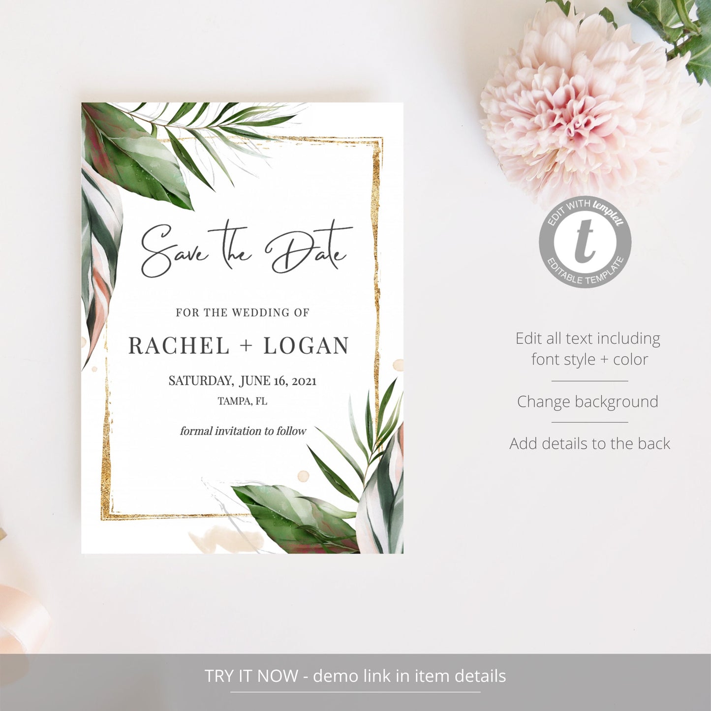 Editable   Save the Date Palm Leaves Tropical Save the Date Cards Beach Wedding Announcement Text Template
