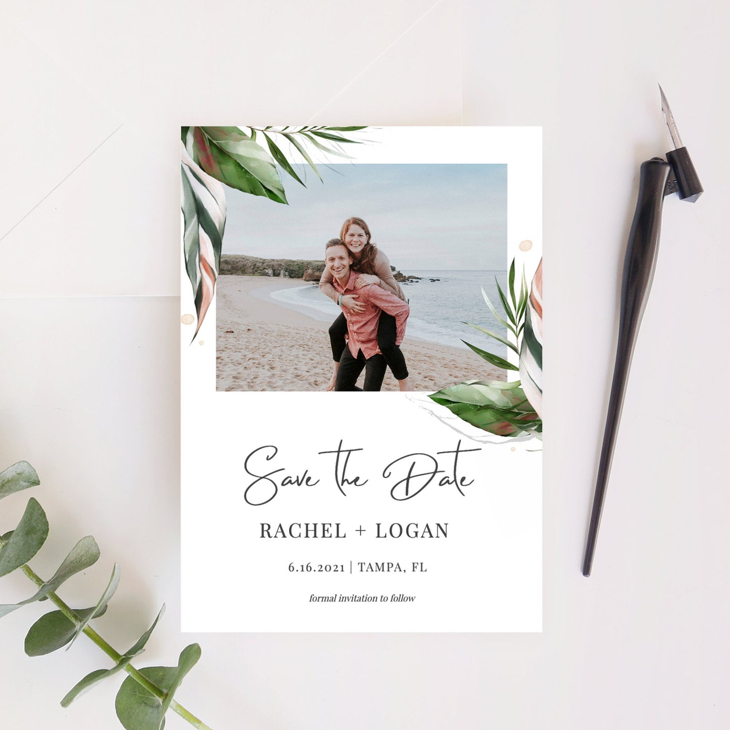 Editable   Save the Date with Photo Tropical Save the Date Cards Beach Wedding Announcement Text Template