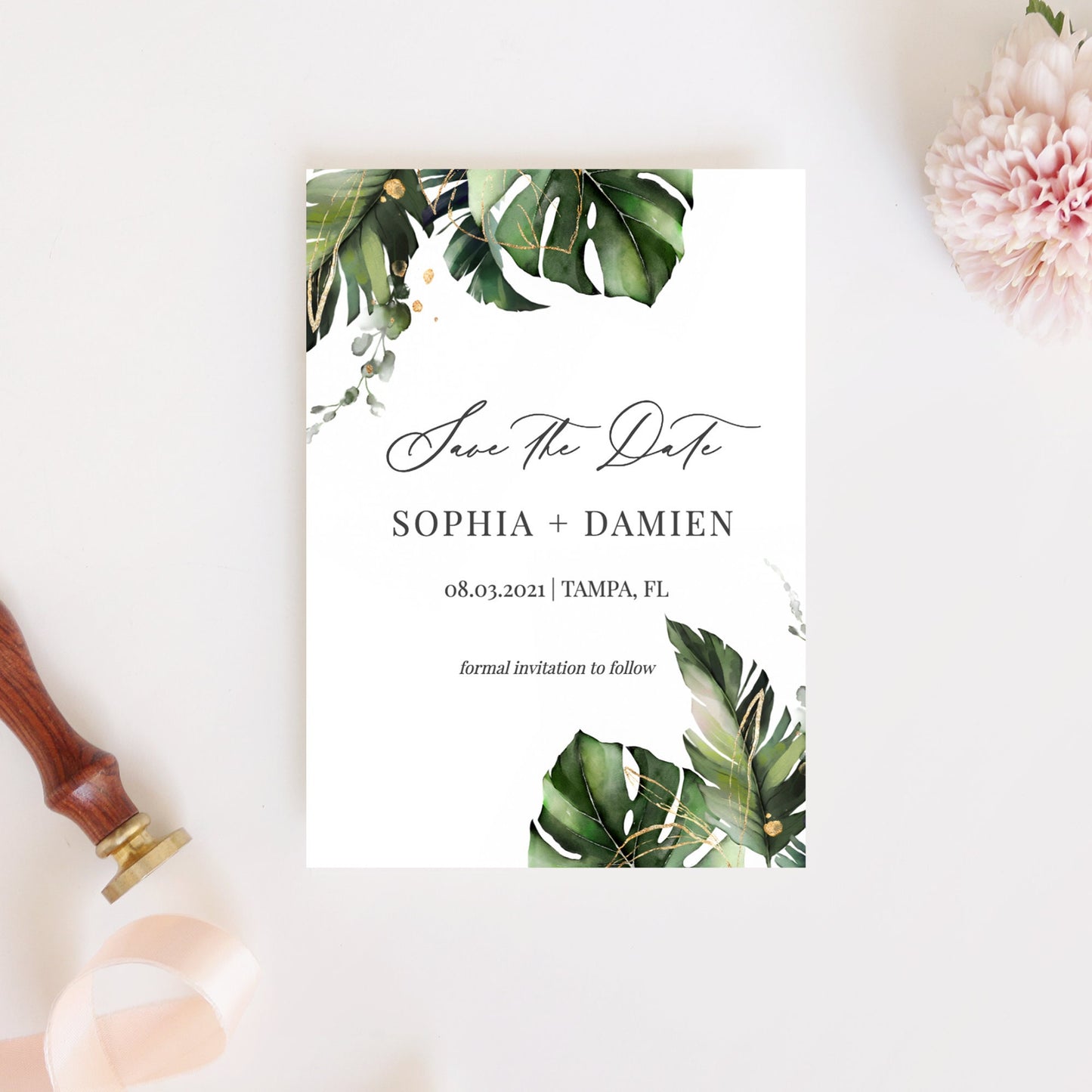 Editable  Tropical Save the Date Monstera Palm Leaves Save the Date Cards Beach Wedding Announcement Template