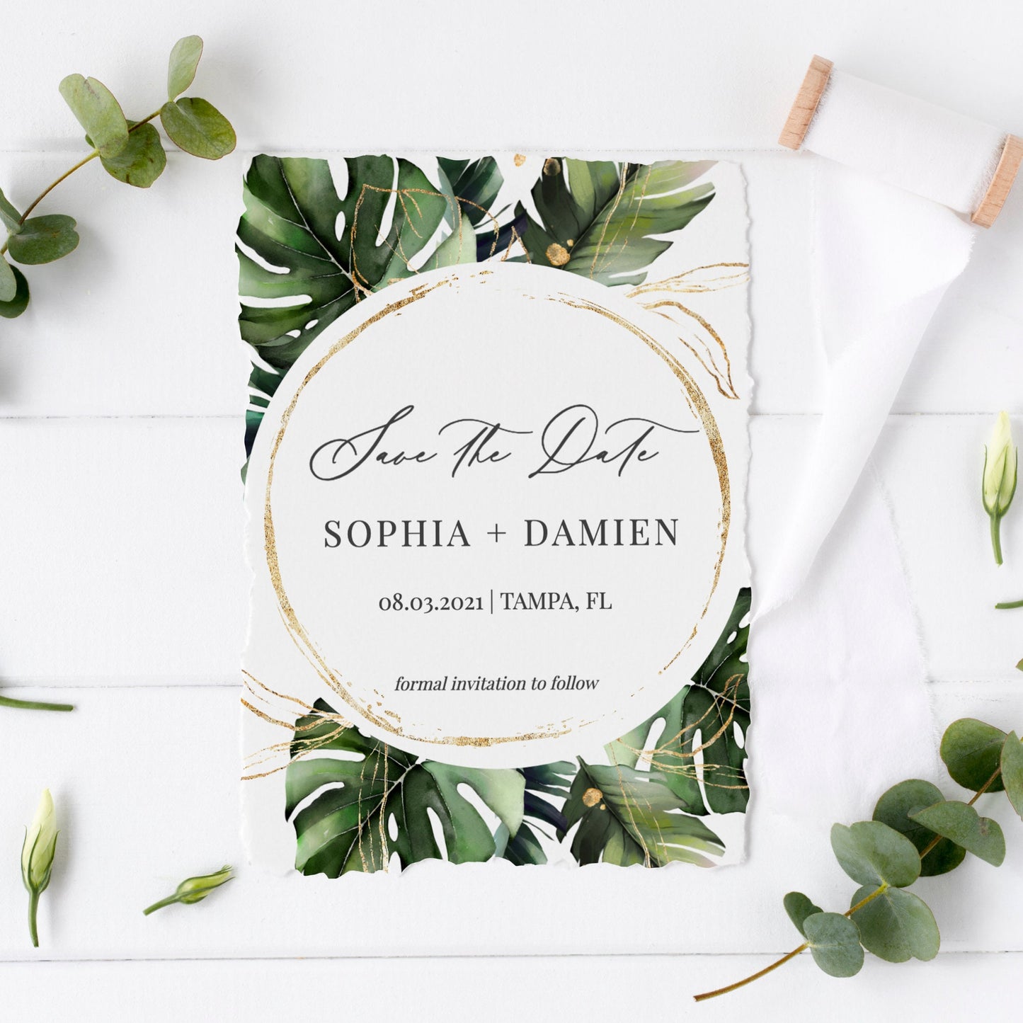 Editable  Tropical Save the Date Monstera Palm Leaves Save the Date Cards Wedding Announcement Template