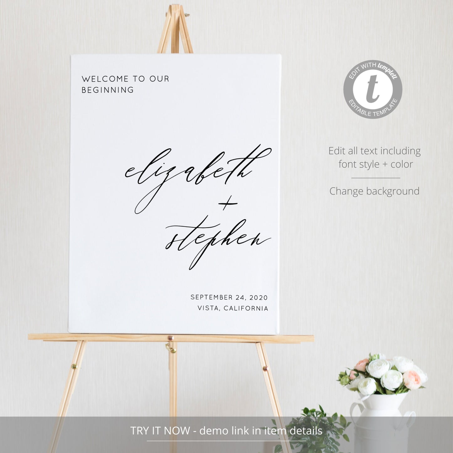 Editable Modern Wedding Welcome Sign Welcome to our Wedding Sign Minimalist Black & White Template