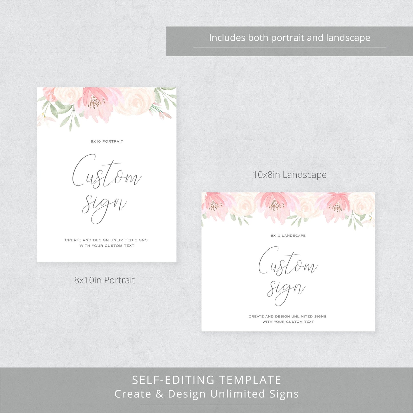 Editable Custom Wedding Sign Pink Floral Blush Wedding Sign Kit Create Unlimited Signs 8x10 and 10x8 Template