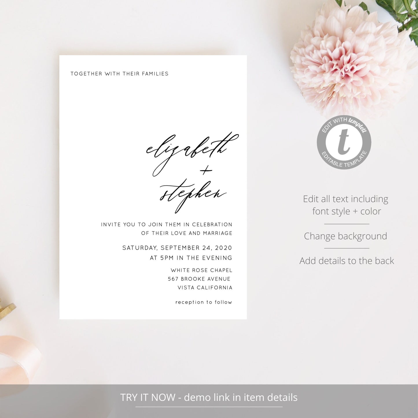 Editable Wedding Invitation Modern Minimalist Wedding Invitation Template