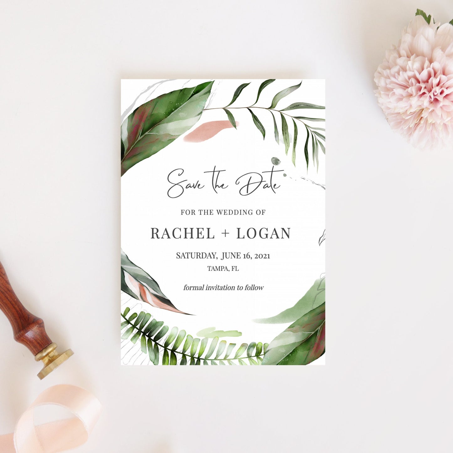 Editable   Tropical Save the Date Palm Leaves Save the Date Cards Beach Wedding Announcement Text Template