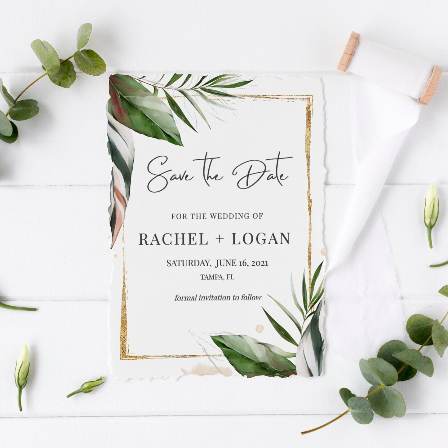 Editable   Save the Date Palm Leaves Tropical Save the Date Cards Beach Wedding Announcement Text Template