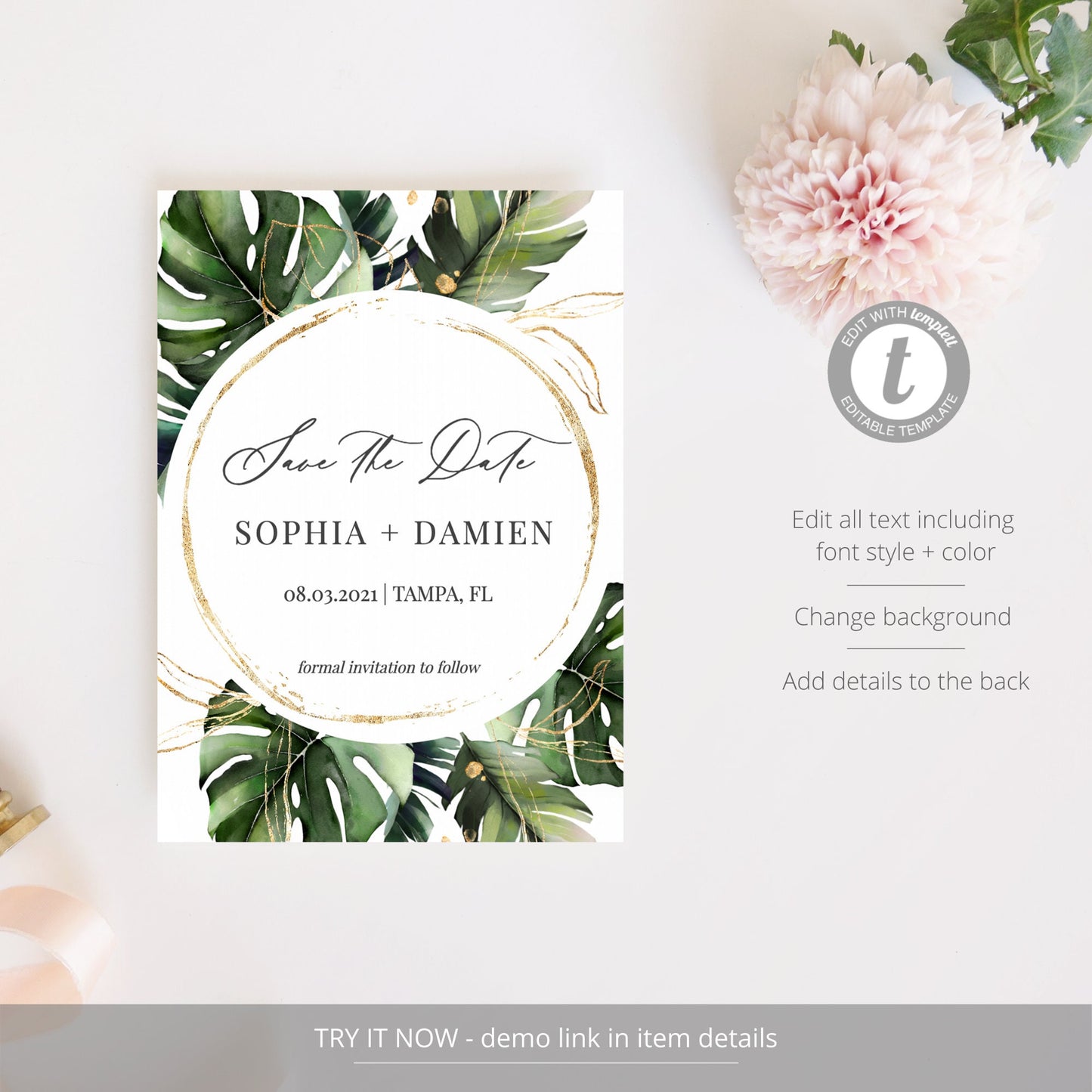 Editable  Tropical Save the Date Monstera Palm Leaves Save the Date Cards Wedding Announcement Template