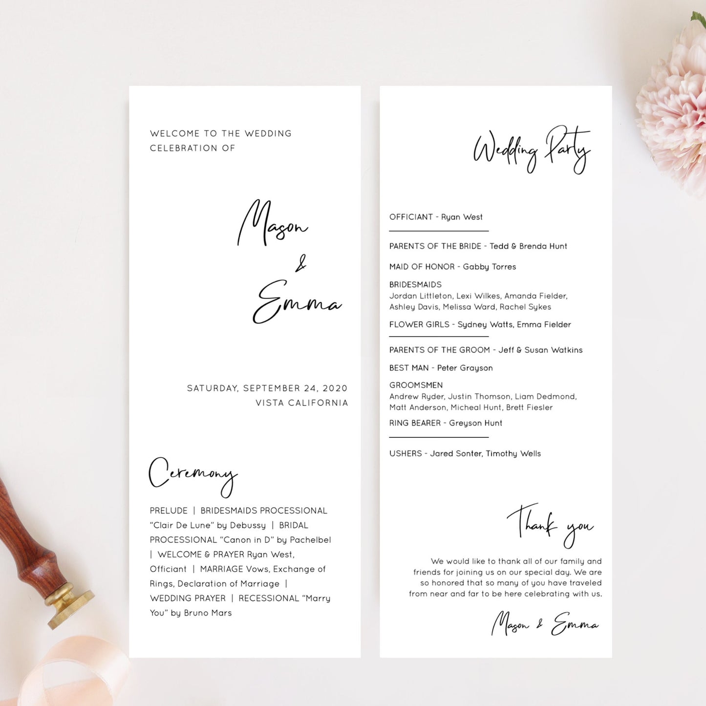 Editable Minimalist Wedding Program Modern Script Wedding Ceremony Program Template