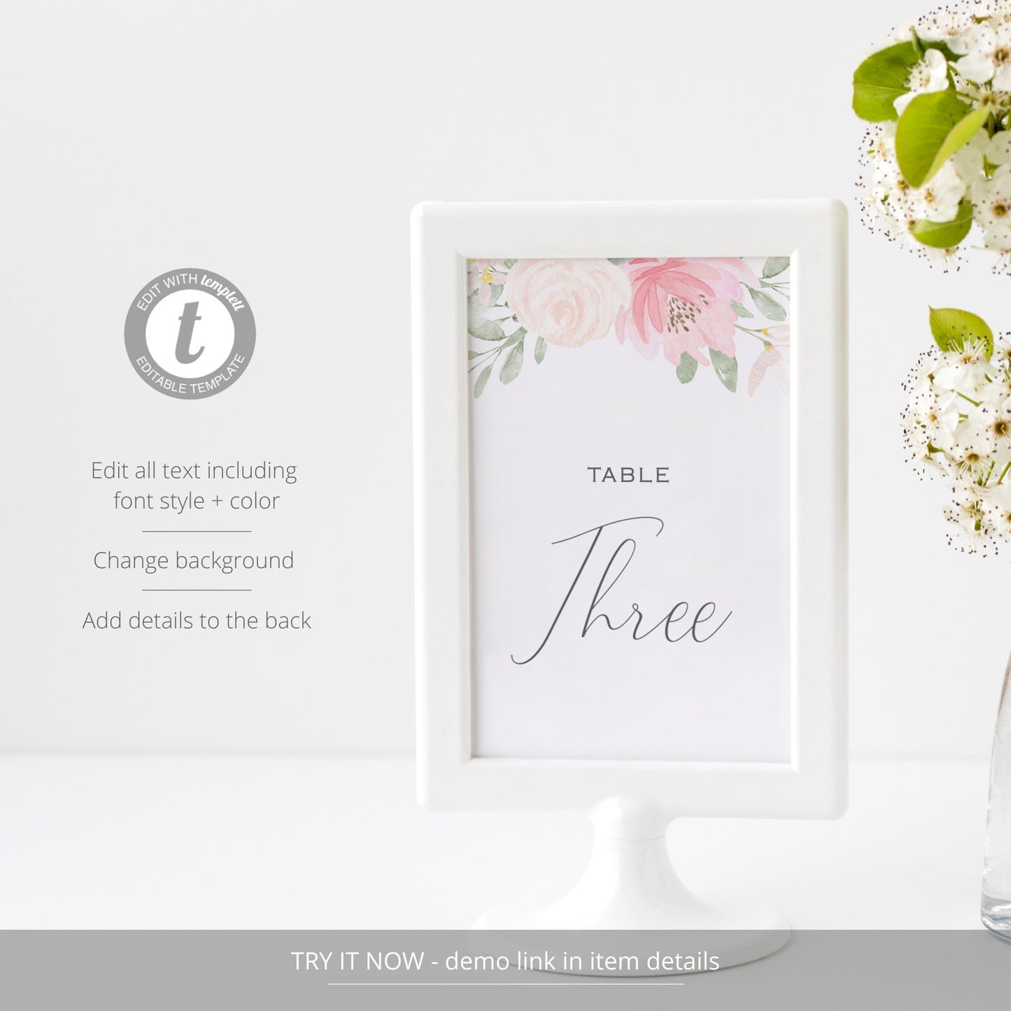 Editable Wedding Table Number Blush Floral Table Number Card 5x7 and 4x6 Template