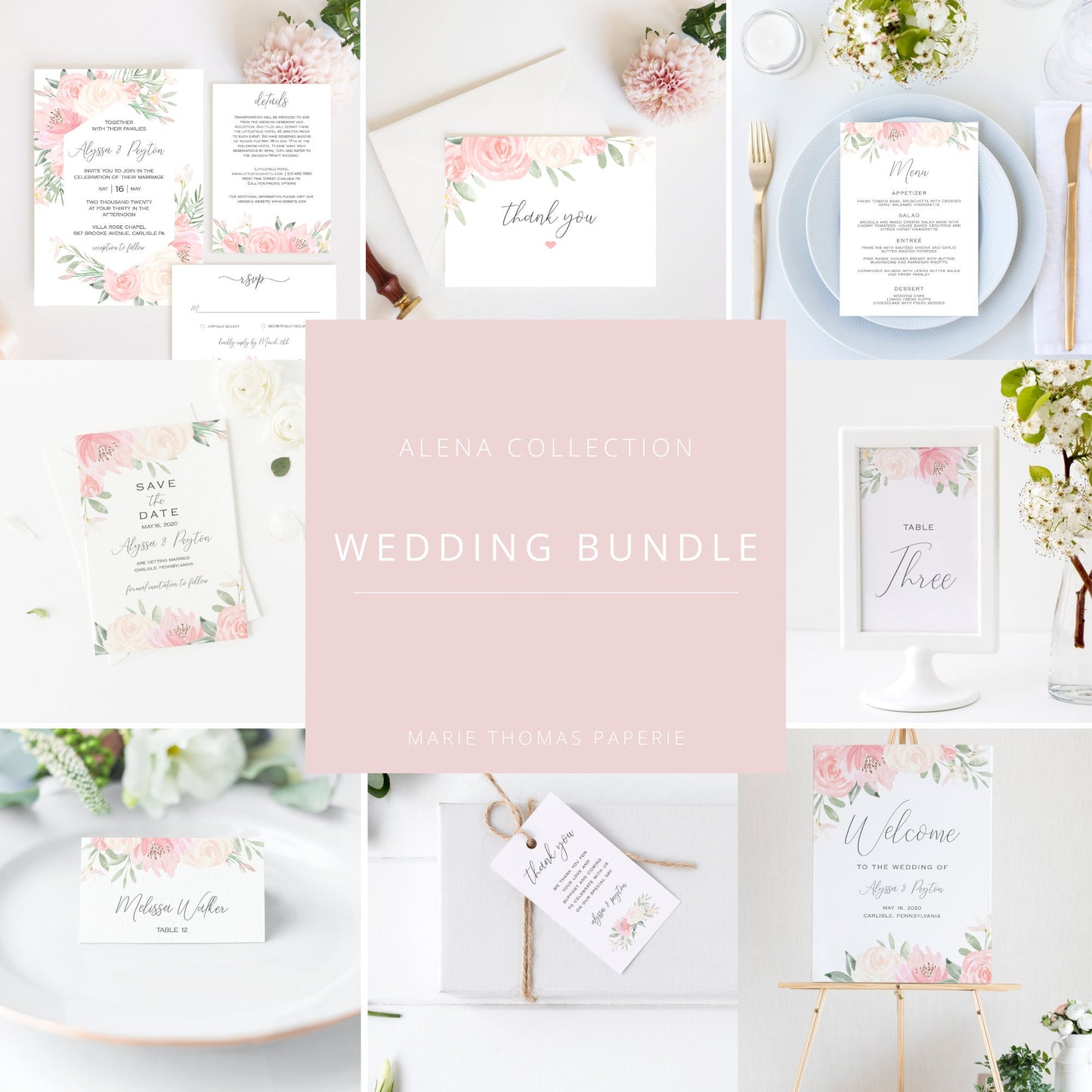 Editable Blush Floral Wedding Bundle Wedding Invitation Kit Bundle Wedding Invitations Modern Wedding Invitation Suite Template