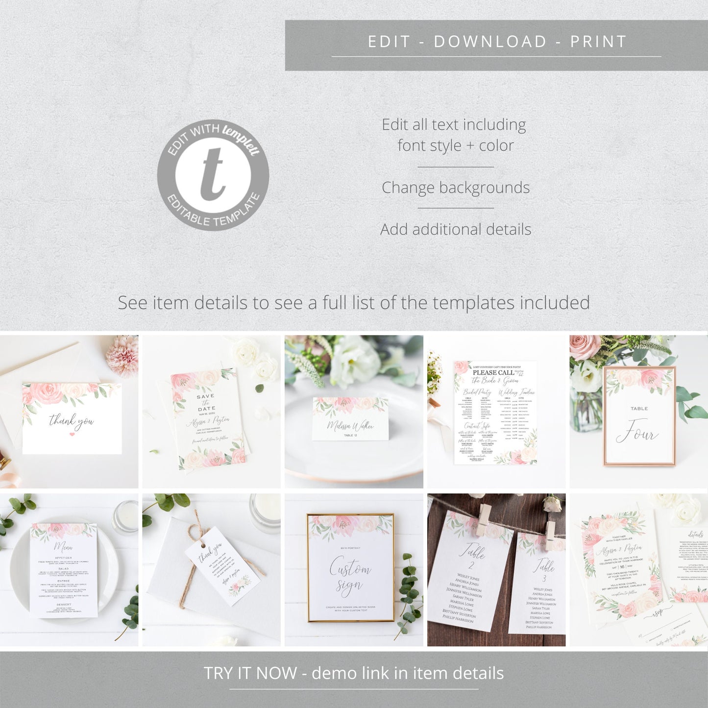Editable Blush Floral Wedding Bundle Wedding Invitation Kit Bundle Wedding Invitations Modern Wedding Invitation Suite Template