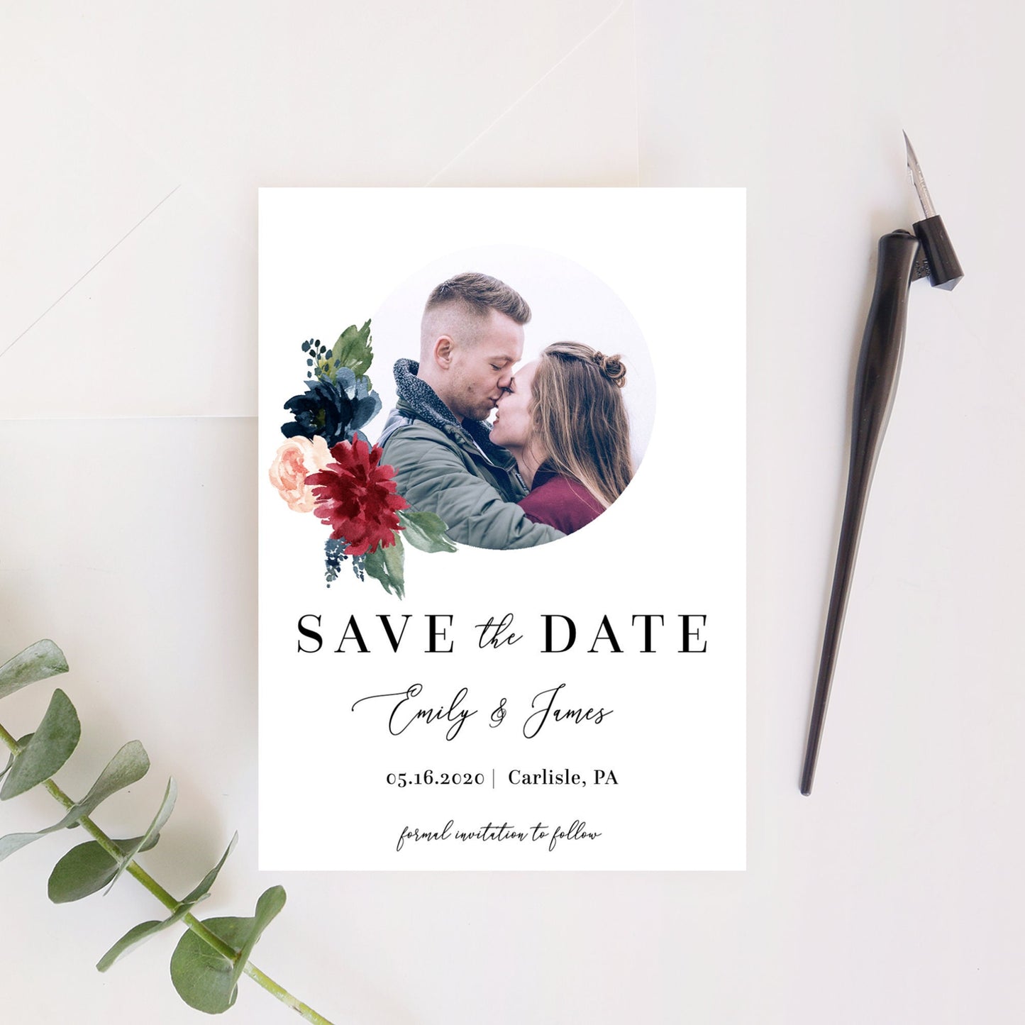 Editable Save the Date with Photo Burgundy Floral Save the Date Cards Wedding Announcement Text Digital Template