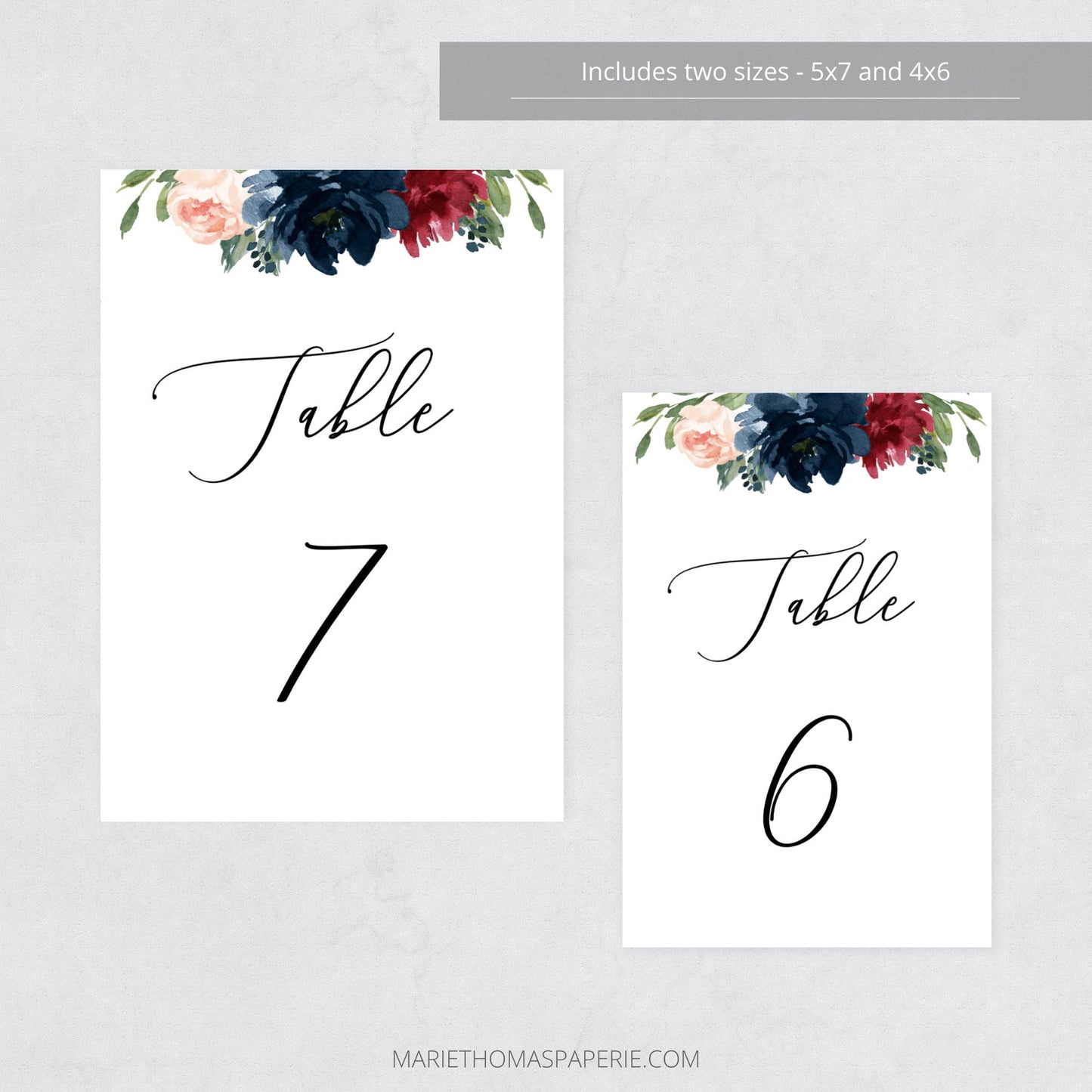 Editable Wedding Table Number Burgundy & Navy Floral Table Number Card 5x7 and 4x6 Template