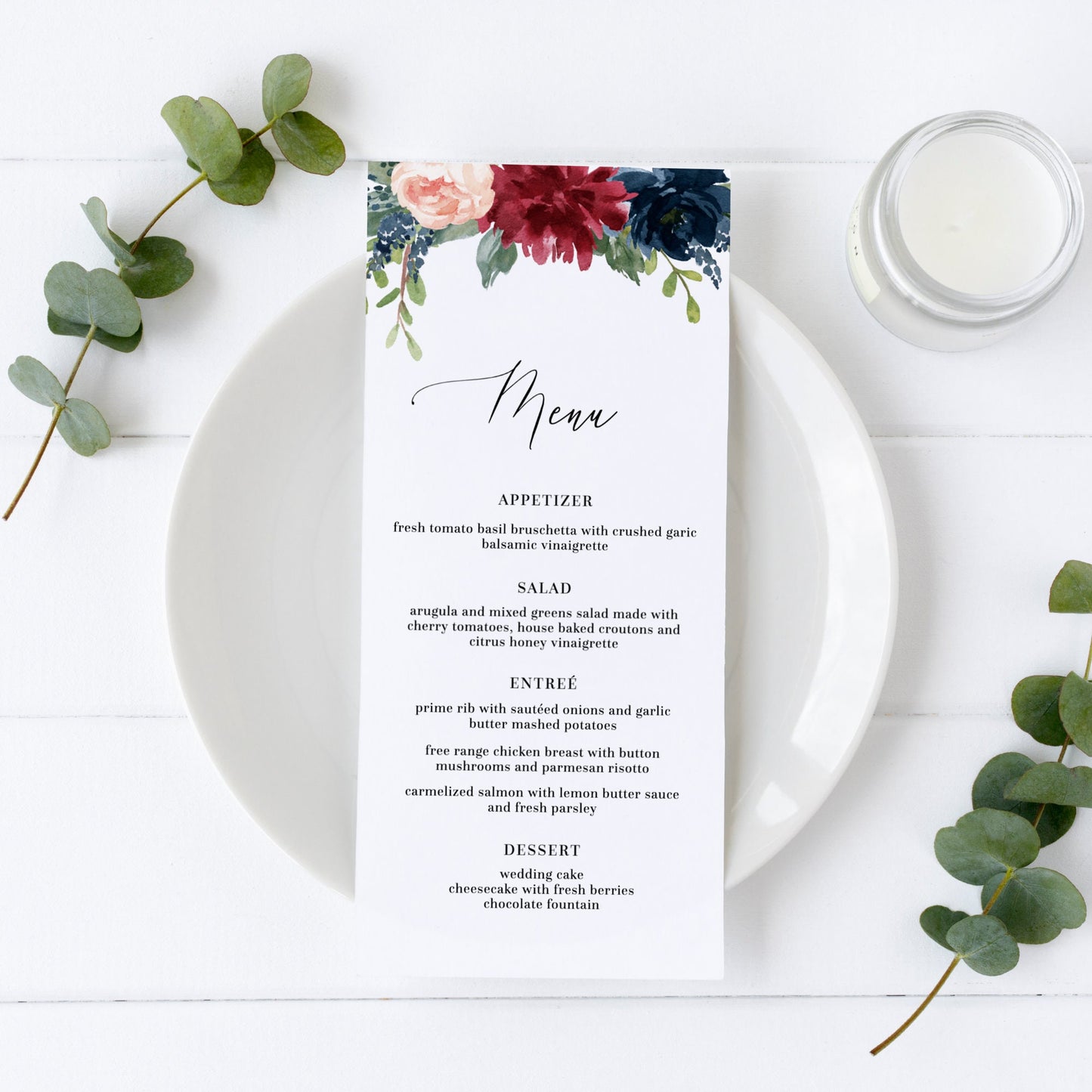 Editable Wedding Menu Burgundy & Navy Floral Wedding Menu Card Boho Wedding Menu 5x7 and 4x9 Template