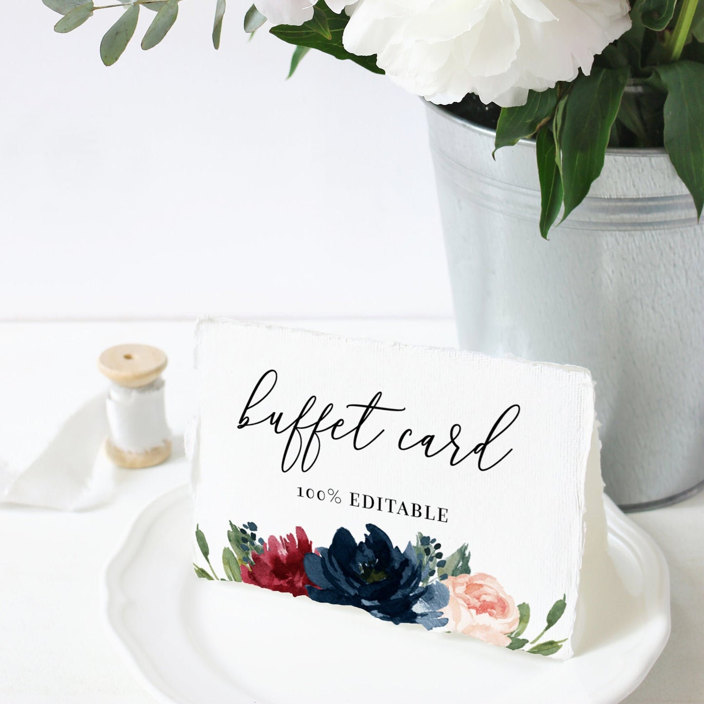 Editable Buffet Card Burgundy & Navy Floral Wedding Food Label Wedding Buffet Labels Template