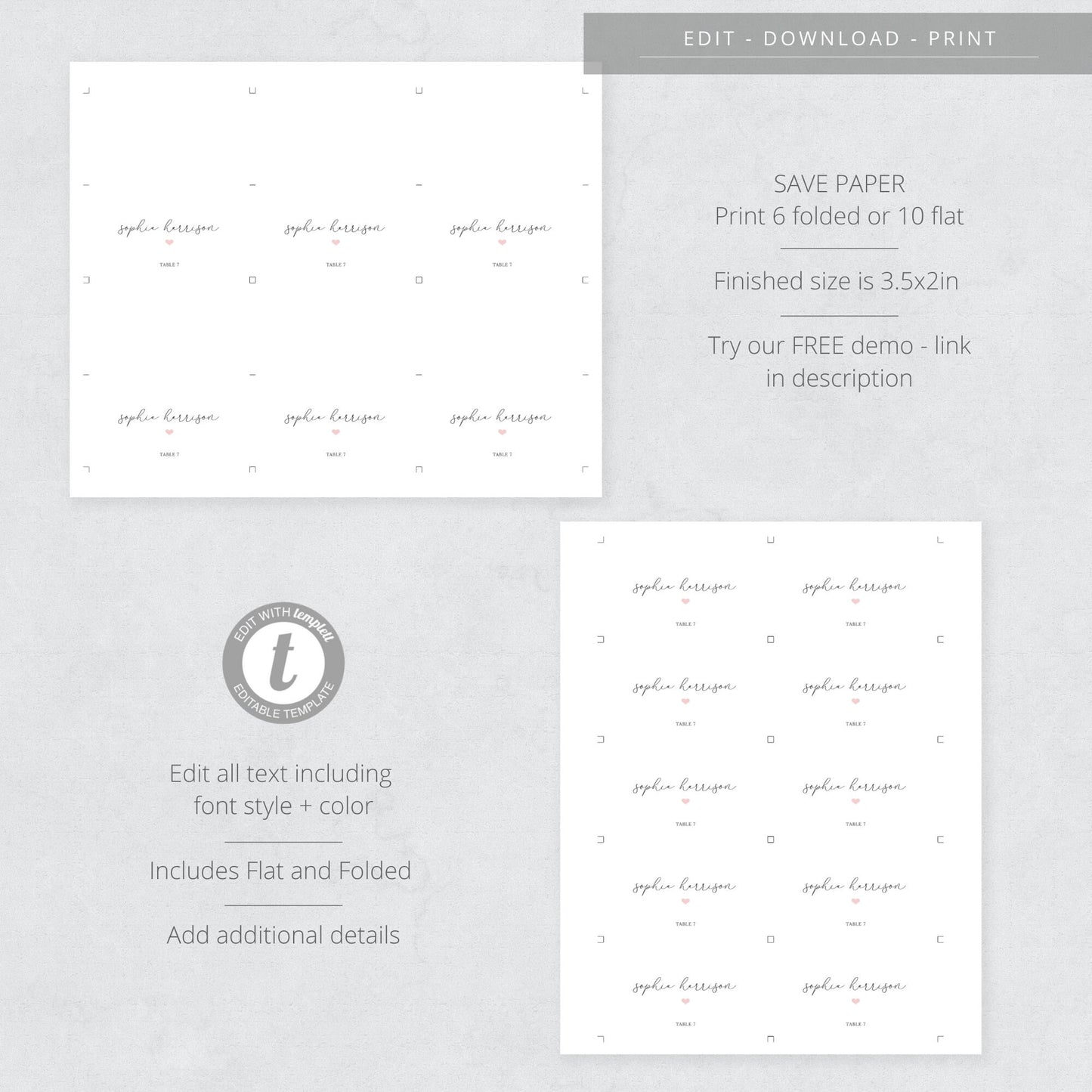 Editable  Script Wedding Place Card Wedding Name Card with Heart Escort Card Template