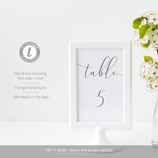 Editable Wedding Table Number Script Table Number Card 5x7 and 4x6 Template