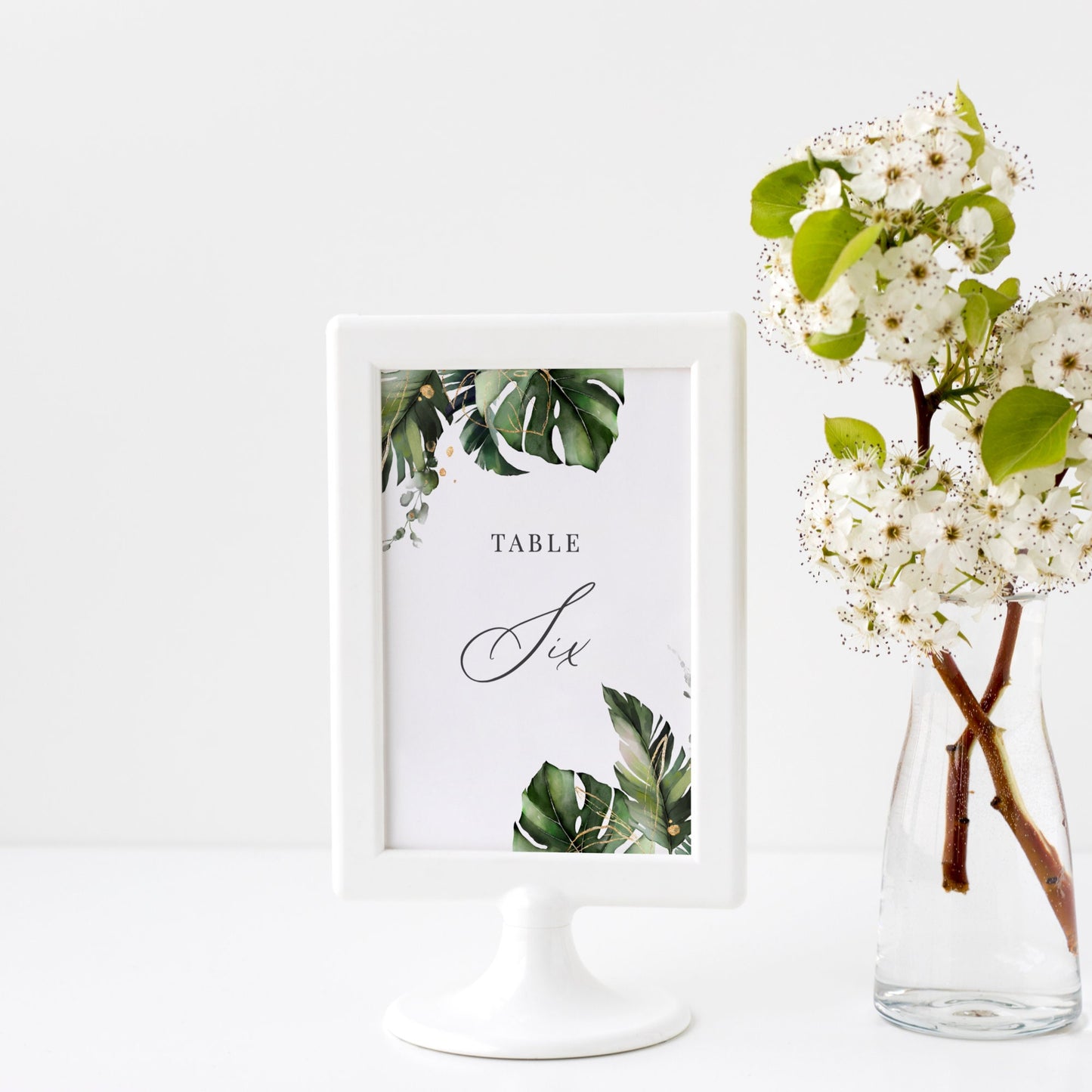 Editable  Tropical Wedding Table Number Monstera Palm Leaves Table Number Card 5x7 and 4x6 Template