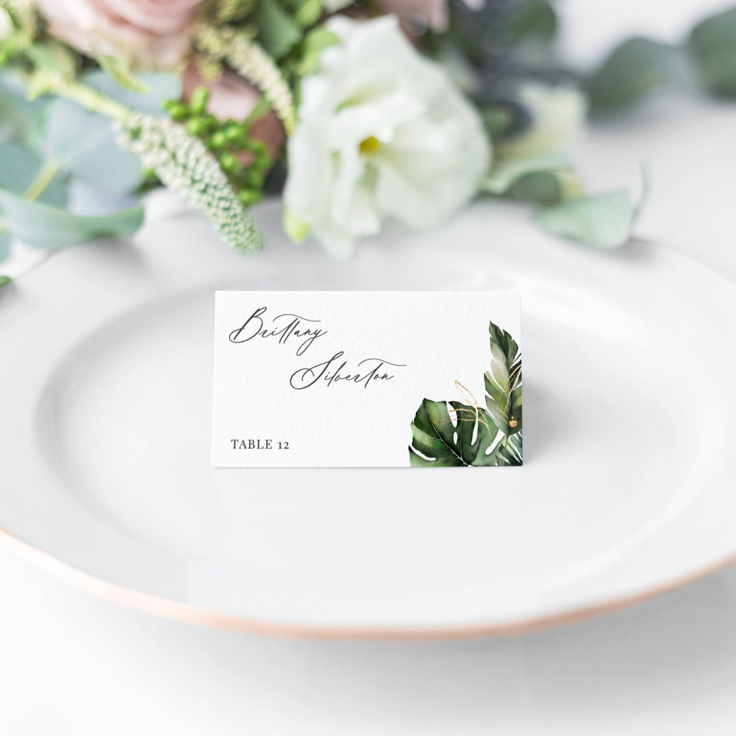 Editable  Tropical Wedding Place Card Monstera Palm Leaves Wedding Name Card Escort Card Template