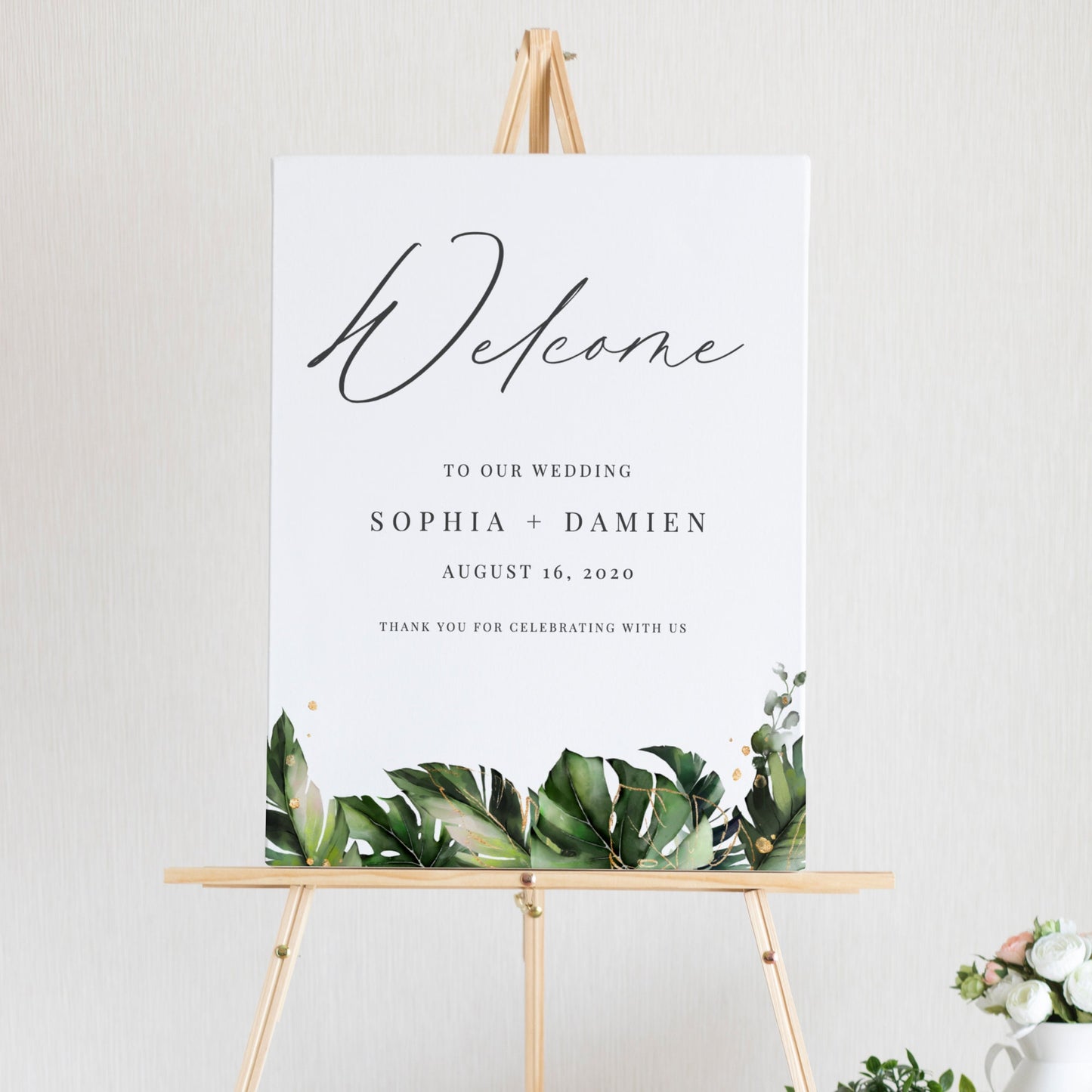 Editable  Tropical Wedding Welcome Sign Welcome to our Wedding Sign Monstera Palm Leaves Template