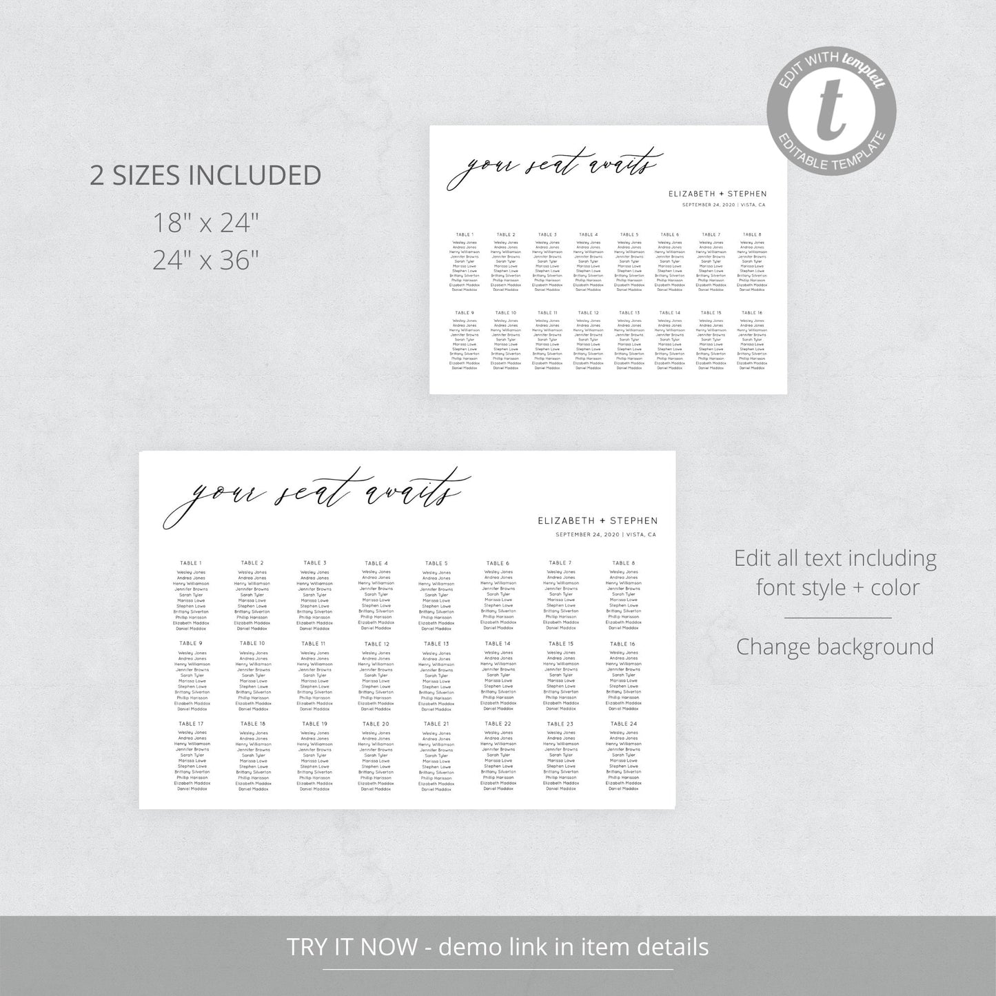 Editable Modern Script Seating Chart Horizontal Minimalist Seating Chart Poster Template