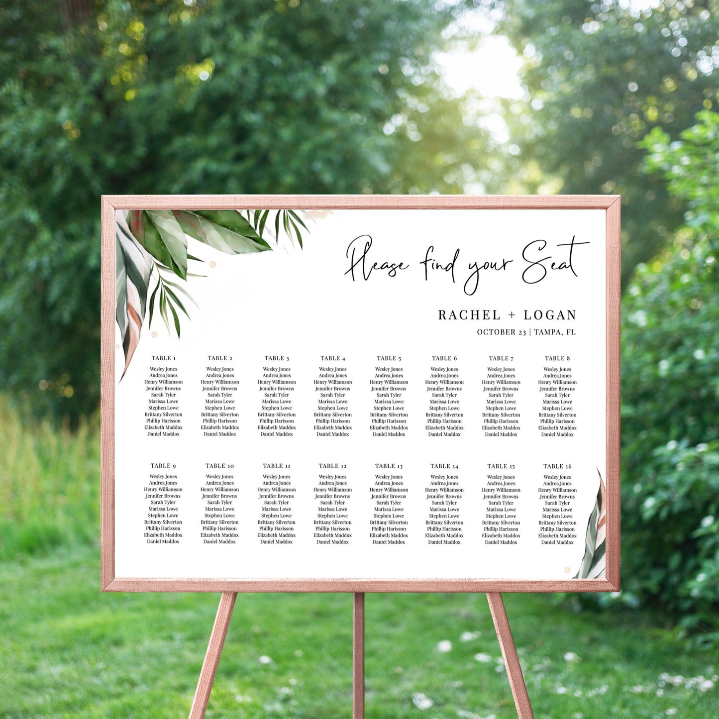 Editable   Tropical Seating Chart Watercolor Palm Leaves Horizontal Seating Chart Poster Template