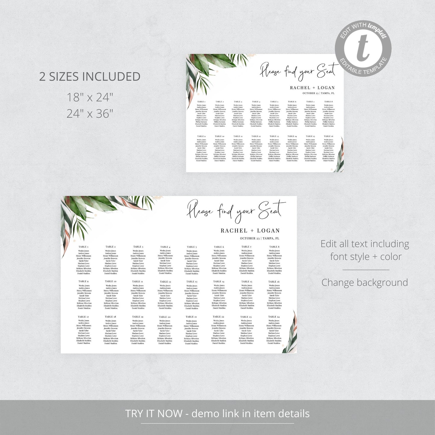 Editable   Tropical Seating Chart Watercolor Palm Leaves Horizontal Seating Chart Poster Template