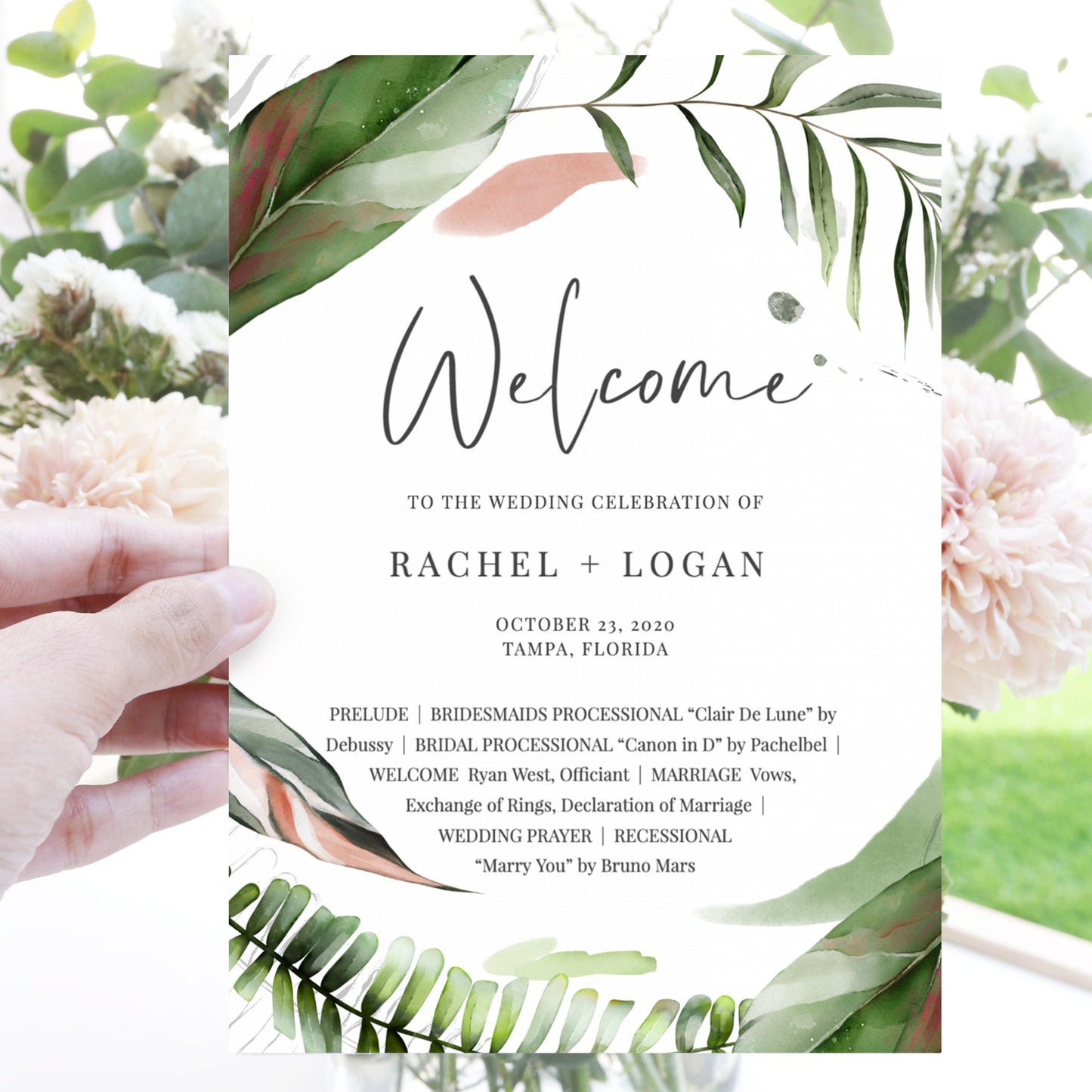 Editable   Tropical Wedding Program Fan Beach Palm Leaves Wedding Ceremony Program Template
