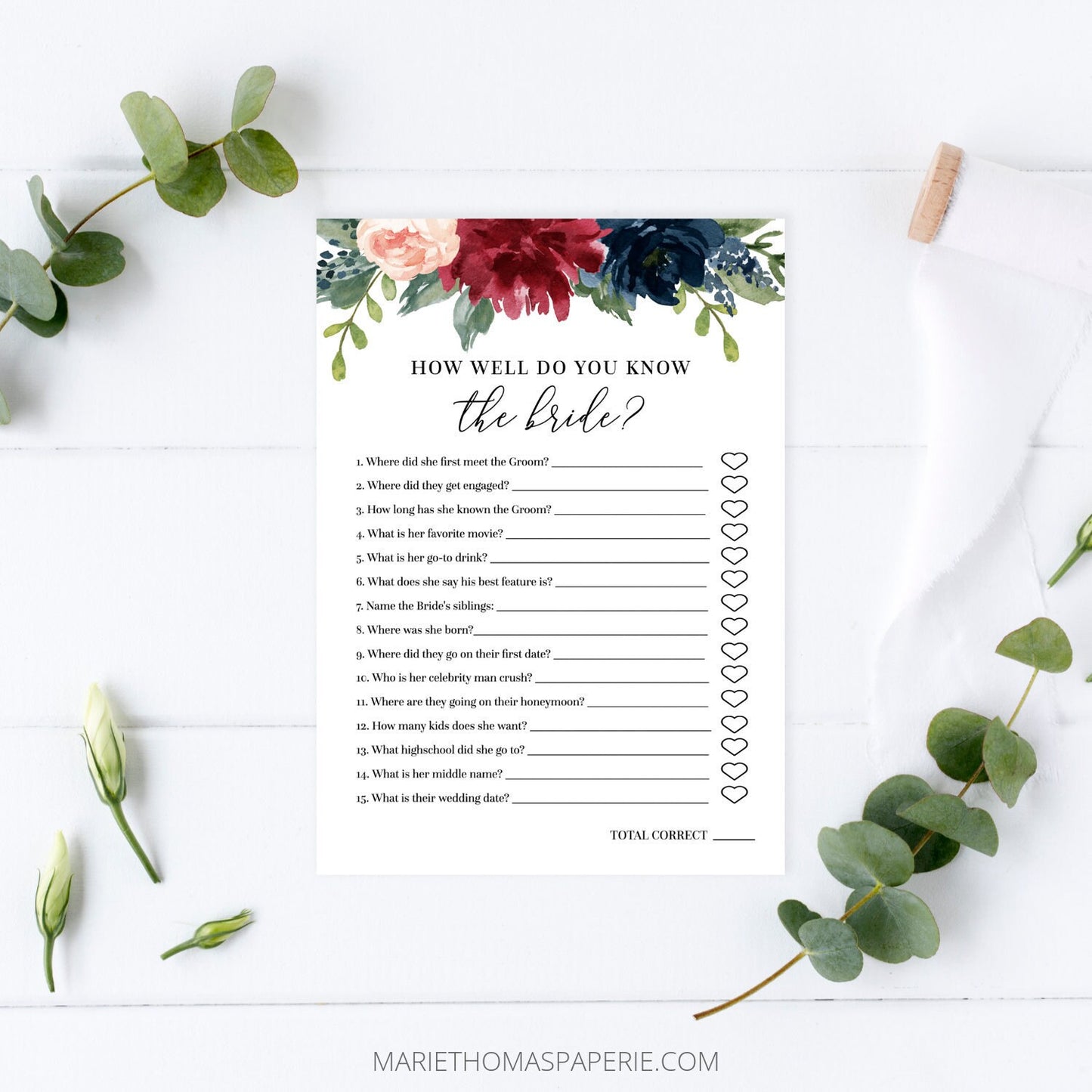 Editable How Well Do You Know the Bride Bridal Shower Games + Virtual Who Knows the Bride Best Marsala Burgundy Template