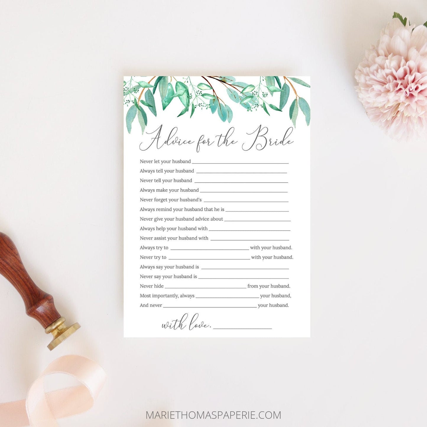 Editable Bridal Shower Games Wedding Advice Cards Advice for the Bride Greenery Template