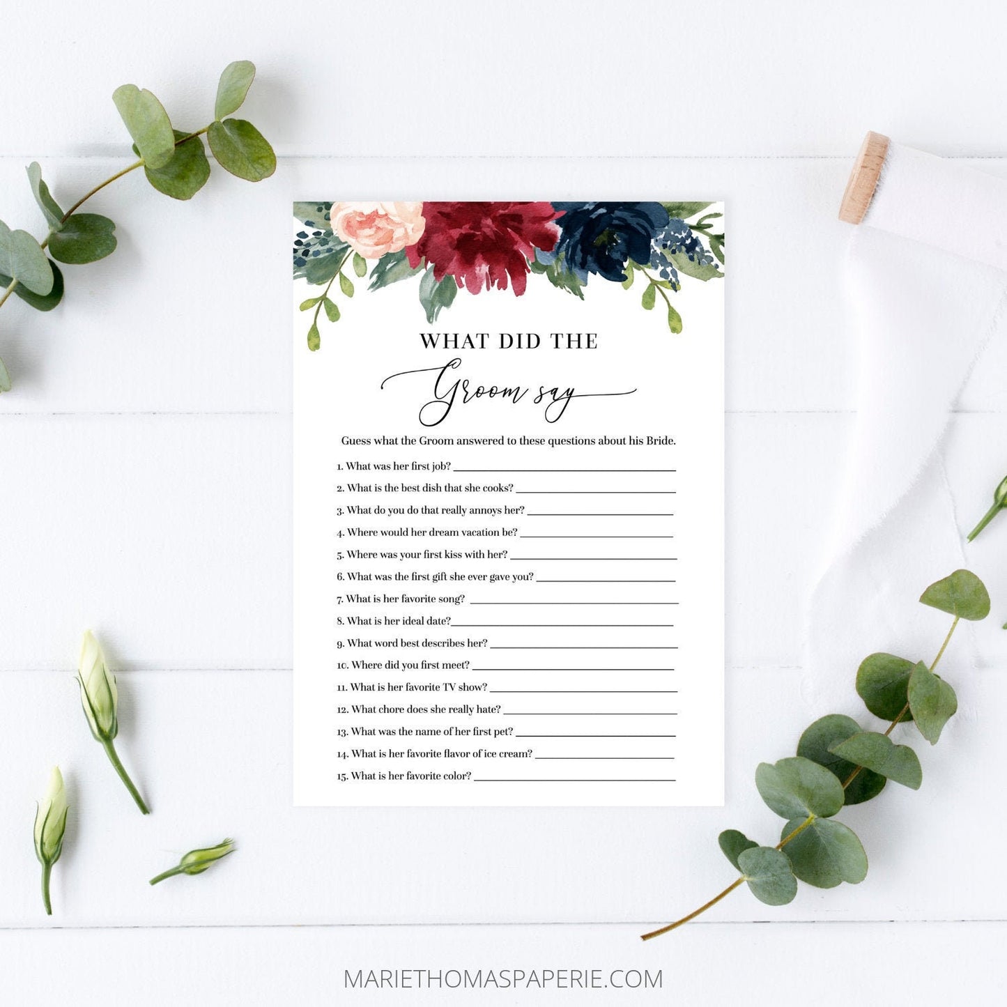 Editable What Did the Groom Say Bridal Shower Games Floral Burgundy Template