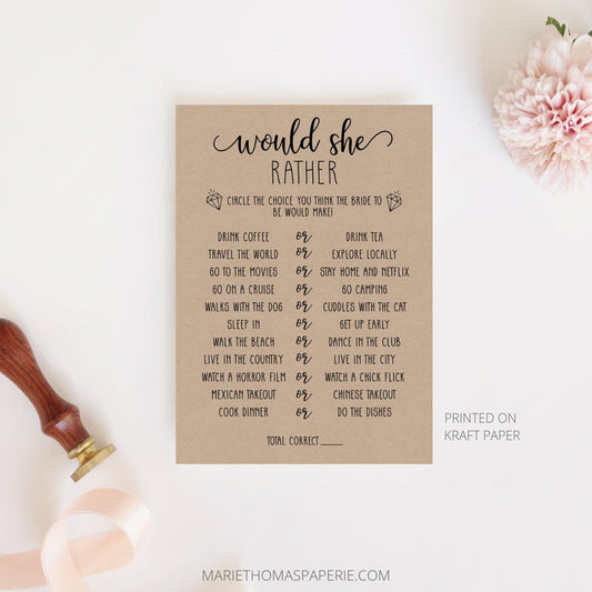 Editable Would She Rather Game Bridal Shower Games Rustic Kraft Paper Bridal Shower Ideas Template