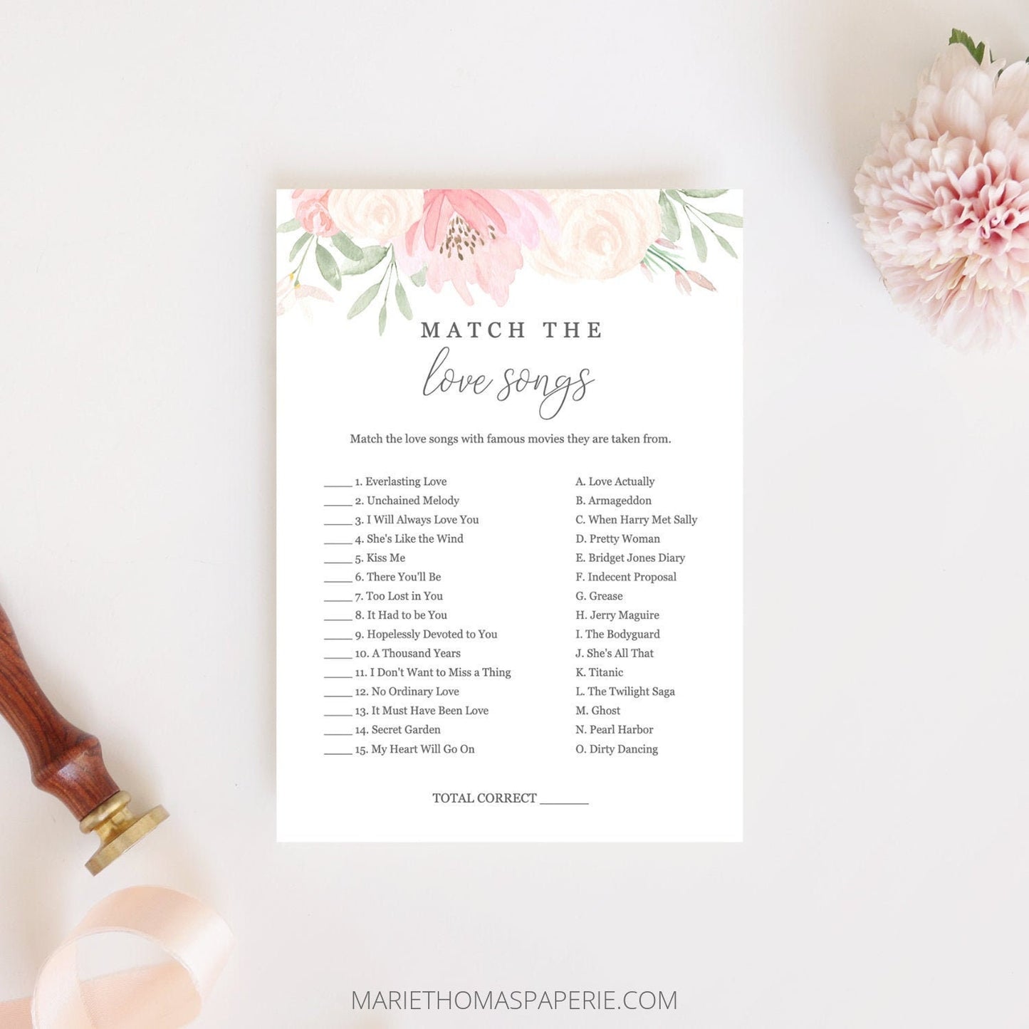 Editable Match the Love Songs Bridal Shower Games Wedding Shower Games Template
