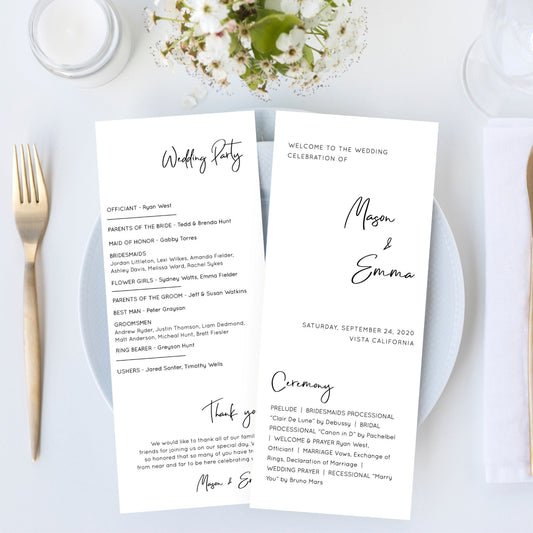 Editable Minimalist Wedding Program Modern Script Wedding Ceremony Program Template