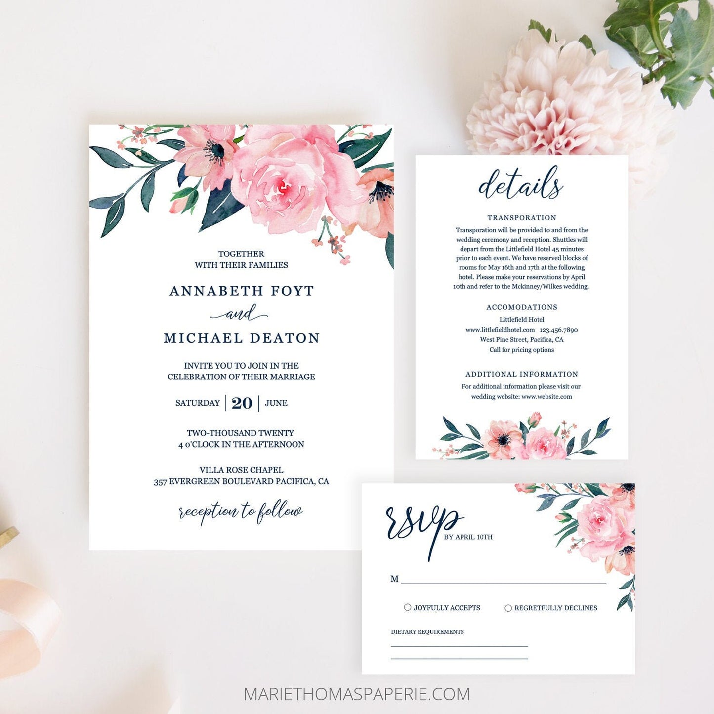 Editable Wedding Invitation Pink & Navy Floral Wedding Invitation Set Wedding Suite Template