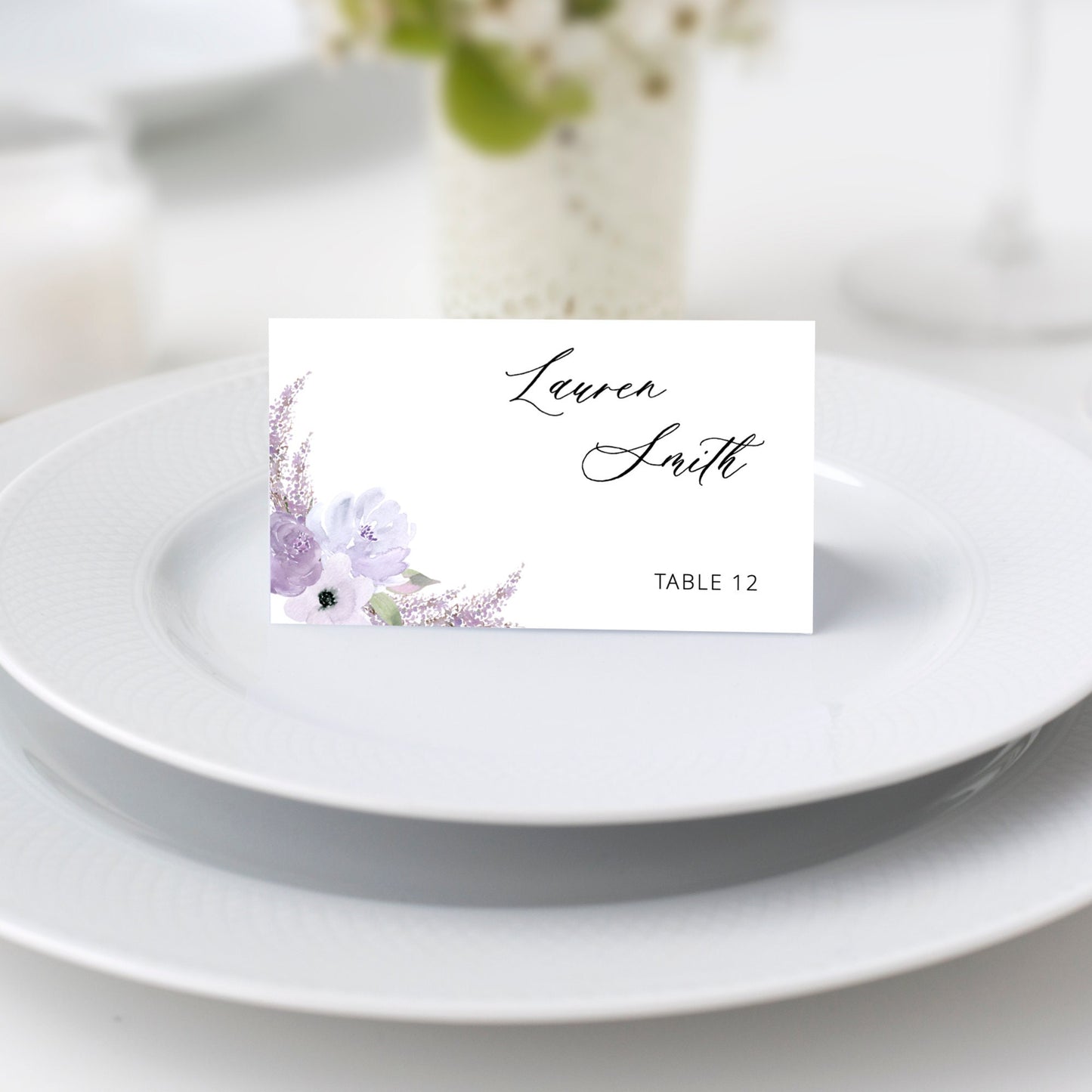 Editable Lavender Wedding Place Card Purple Floral Wedding Name Card Escort Card Template