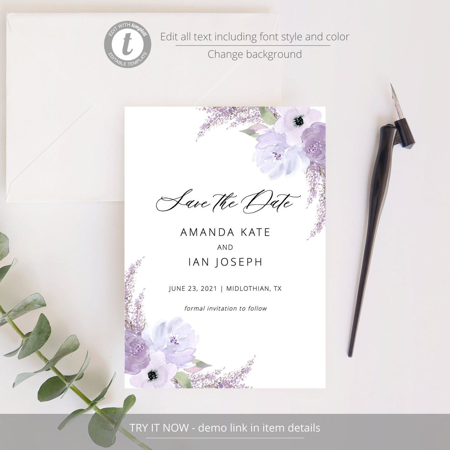 Editable Lavender Save the Date Purple Floral Save the Date Cards Lilac Wedding Announcement Template