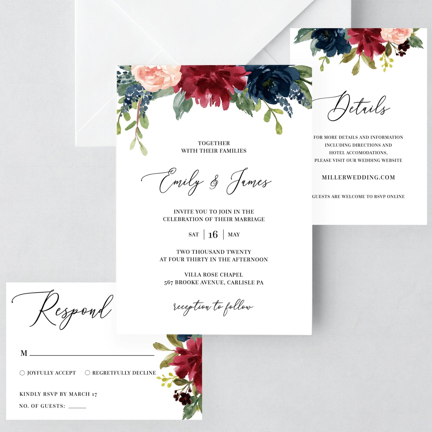 Editable Wedding Invitation Burgundy Navy Floral Wedding Invitation Set Wedding Suite Template