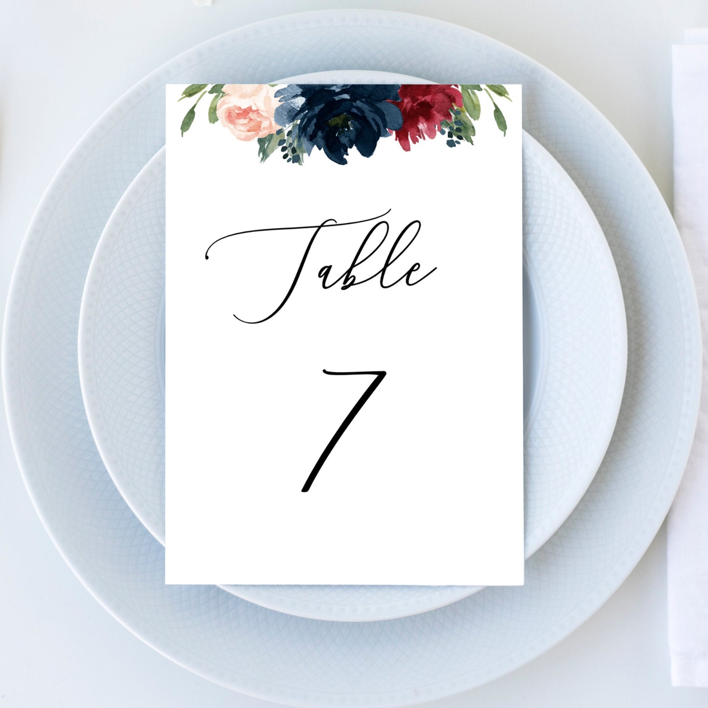 Editable Wedding Table Number Burgundy & Navy Floral Table Number Card 5x7 and 4x6 Template