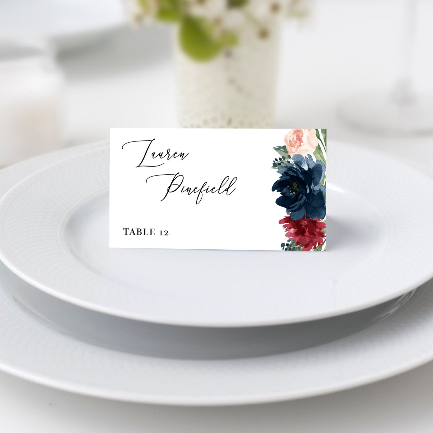 Editable Burgundy & Navy Floral Wedding Place Card Wedding Name Card Escort Card Template