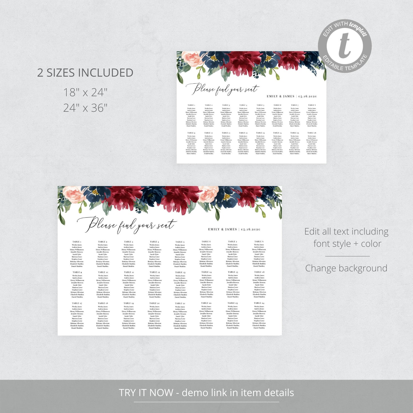 Editable Burgundy Floral Seating Chart Horizontal Seating Chart Poster Template