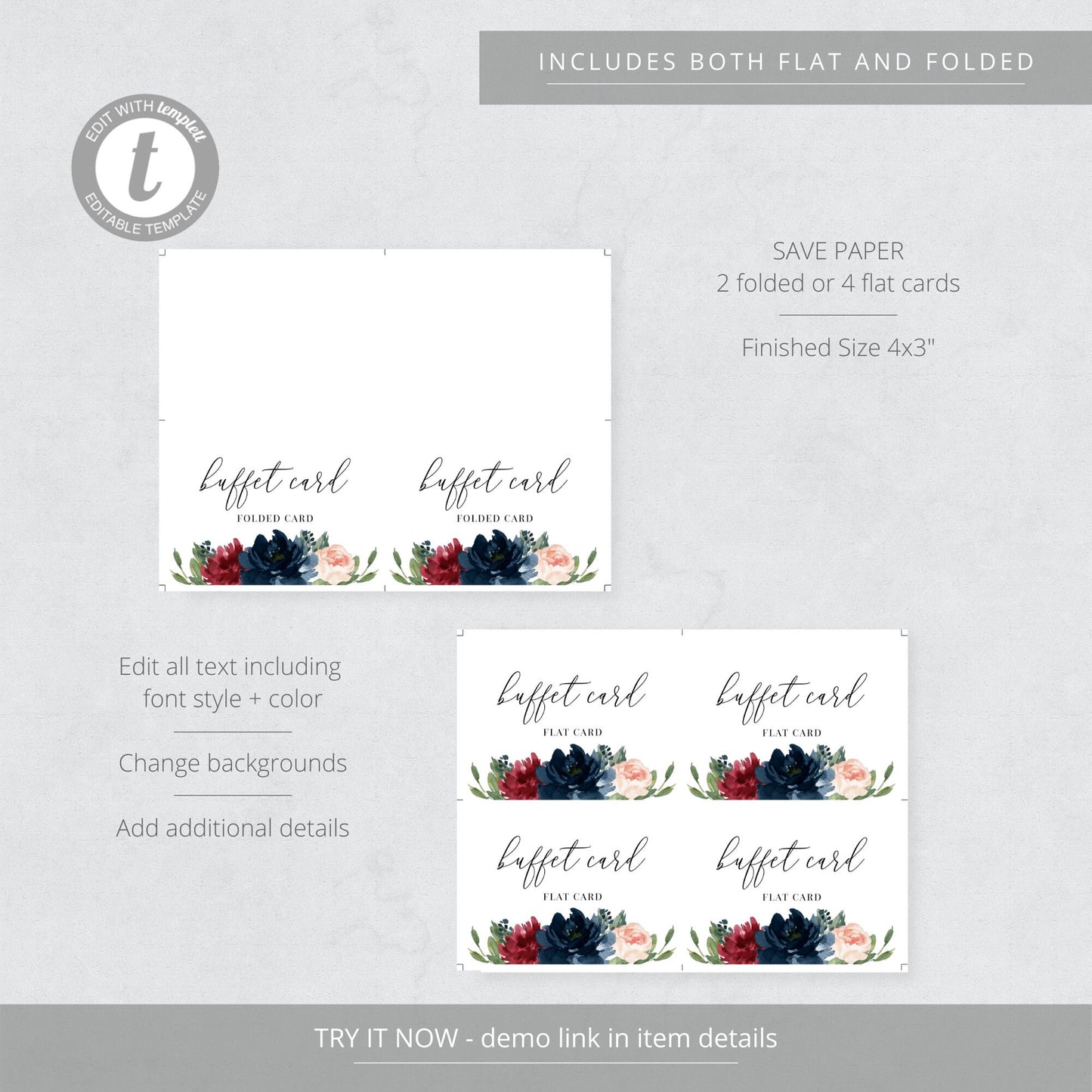 Editable Buffet Card Burgundy & Navy Floral Wedding Food Label Wedding Buffet Labels Template