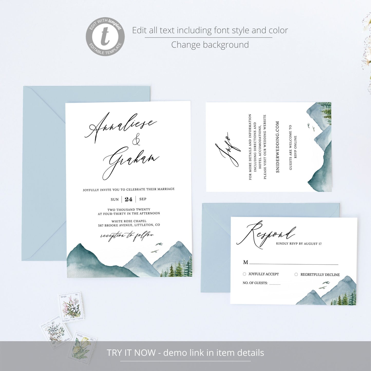Editable Mountain Wedding Invitation Rustic Pine Woodland Wedding Invitation Suite Template